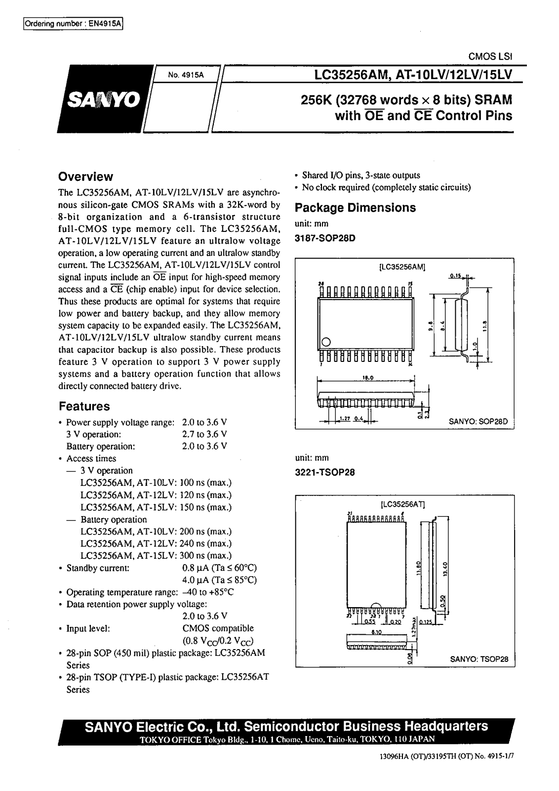 SANYO LC35256AM-10LV, LC35256AT-15LV, LC35256AT-12LV, LC35256AT-10LV, LC35256AM-15LV Datasheet