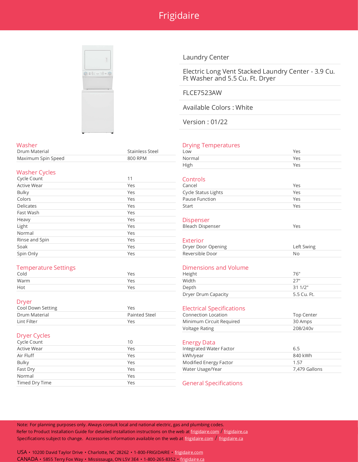 Frigidaire FLCE7523AW Specifications - ManualMachine.com