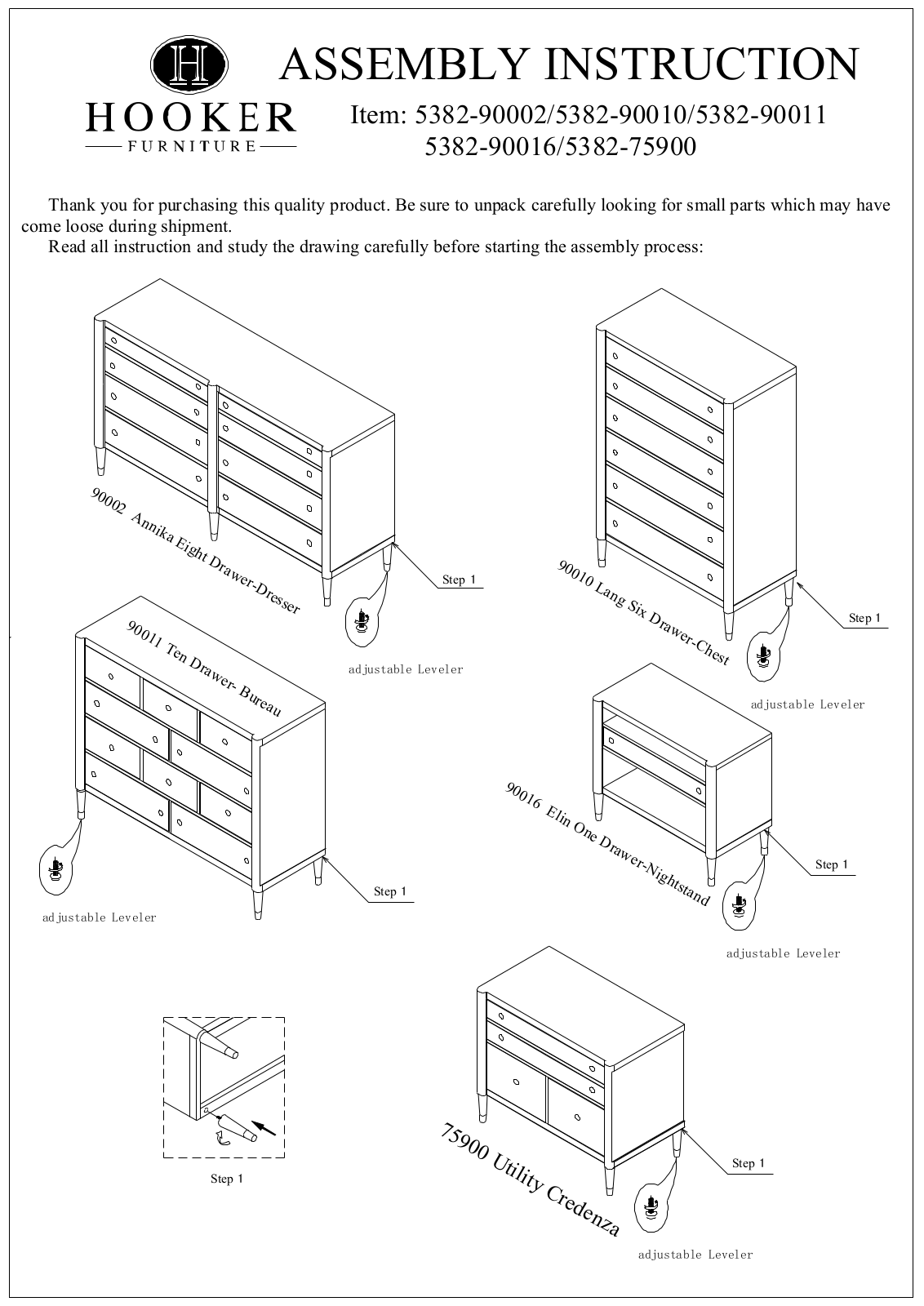 Hooker Furniture 538290016, 538290002 Assembly Guide