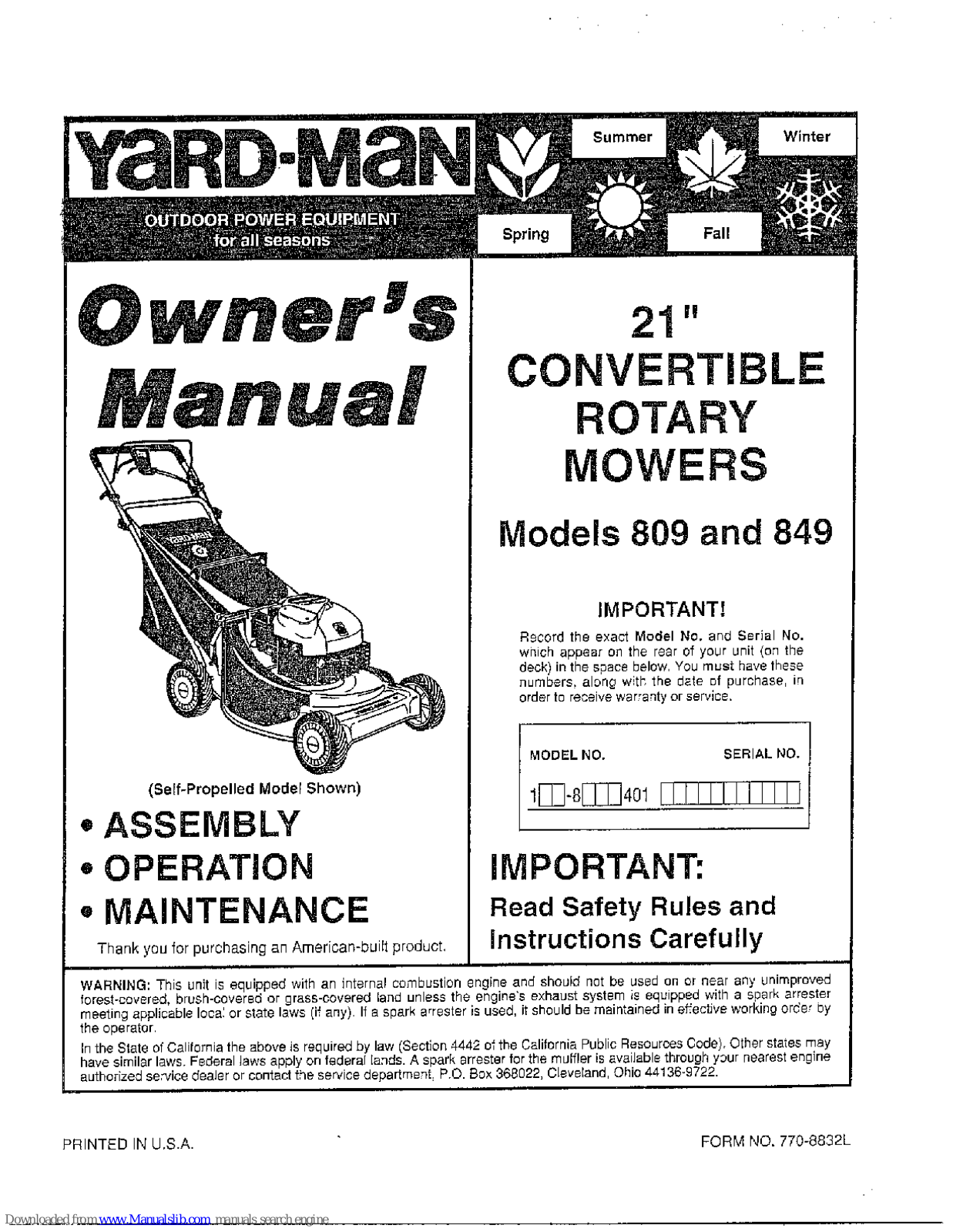 Yard-Man 809, 849 Owner's Manual - ManualMachine.com
