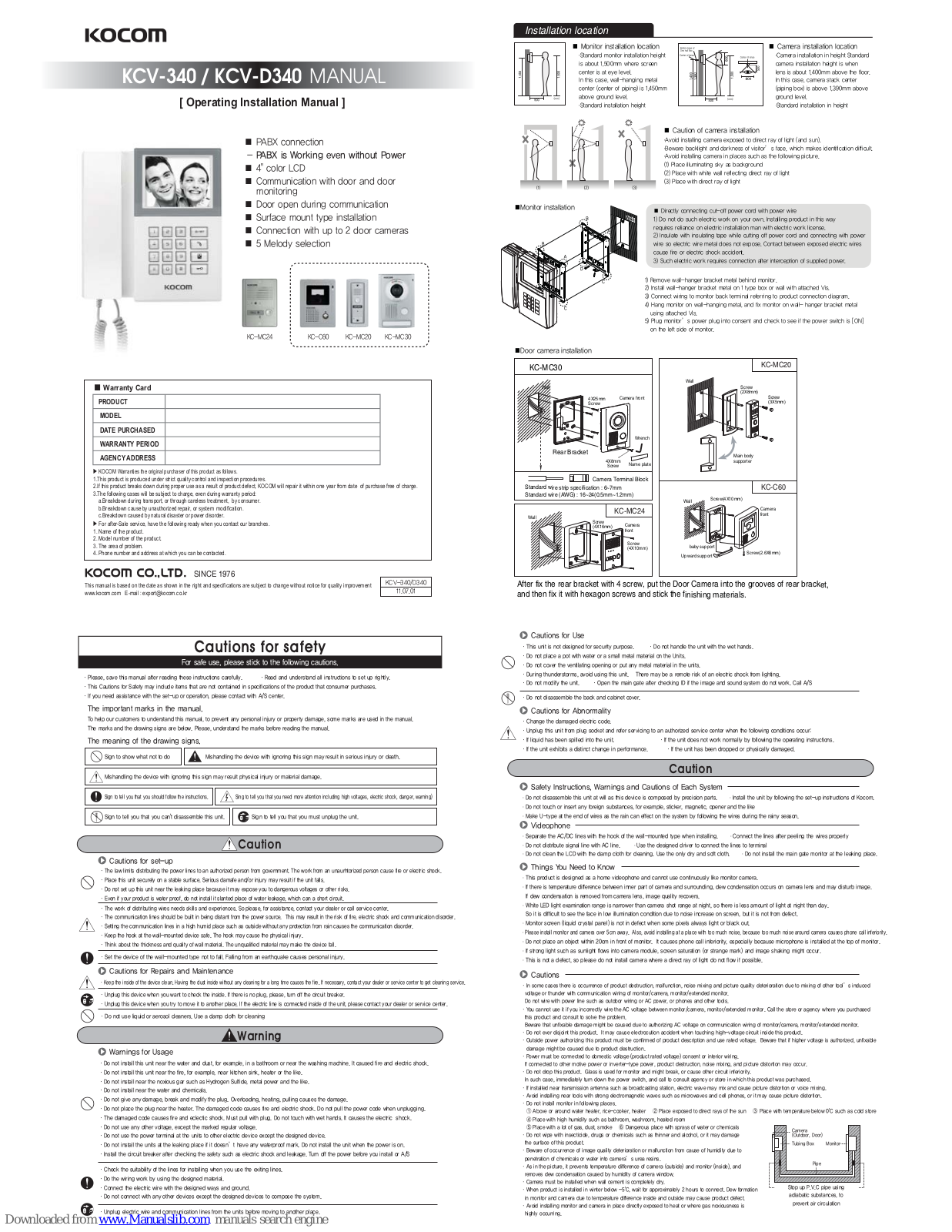 KOCOM KCV-340, KCV-D340 Operating & Installation Manual - ManualMachine.com