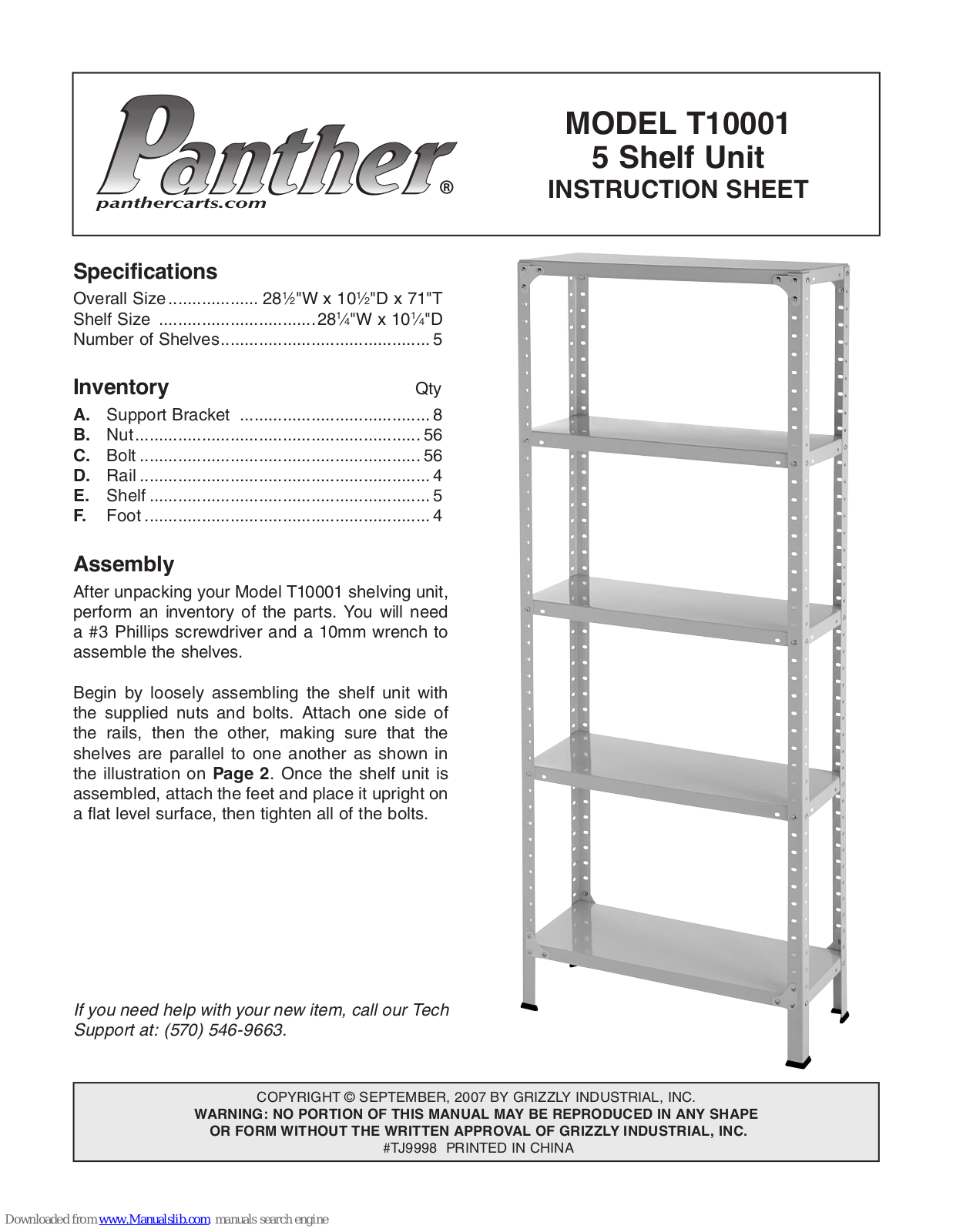 Grizzly Panther T10001 Instruction Sheet