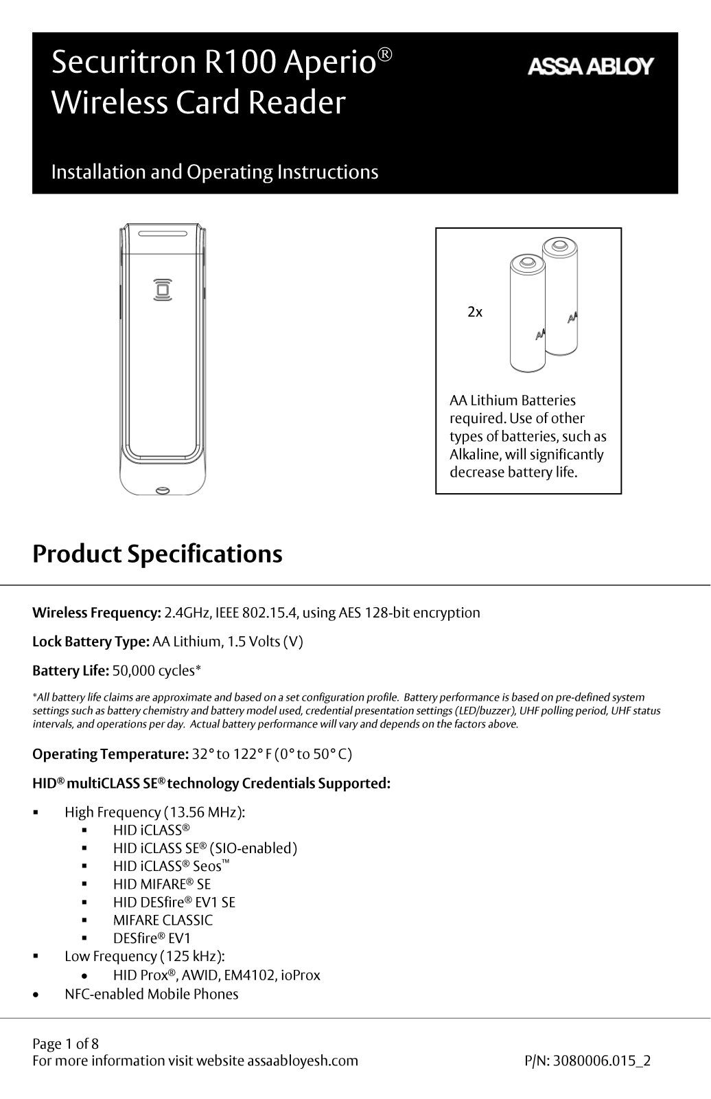 Aperio DEMO-R100-IPS-B, R100H-IPS-B Installation Instructions