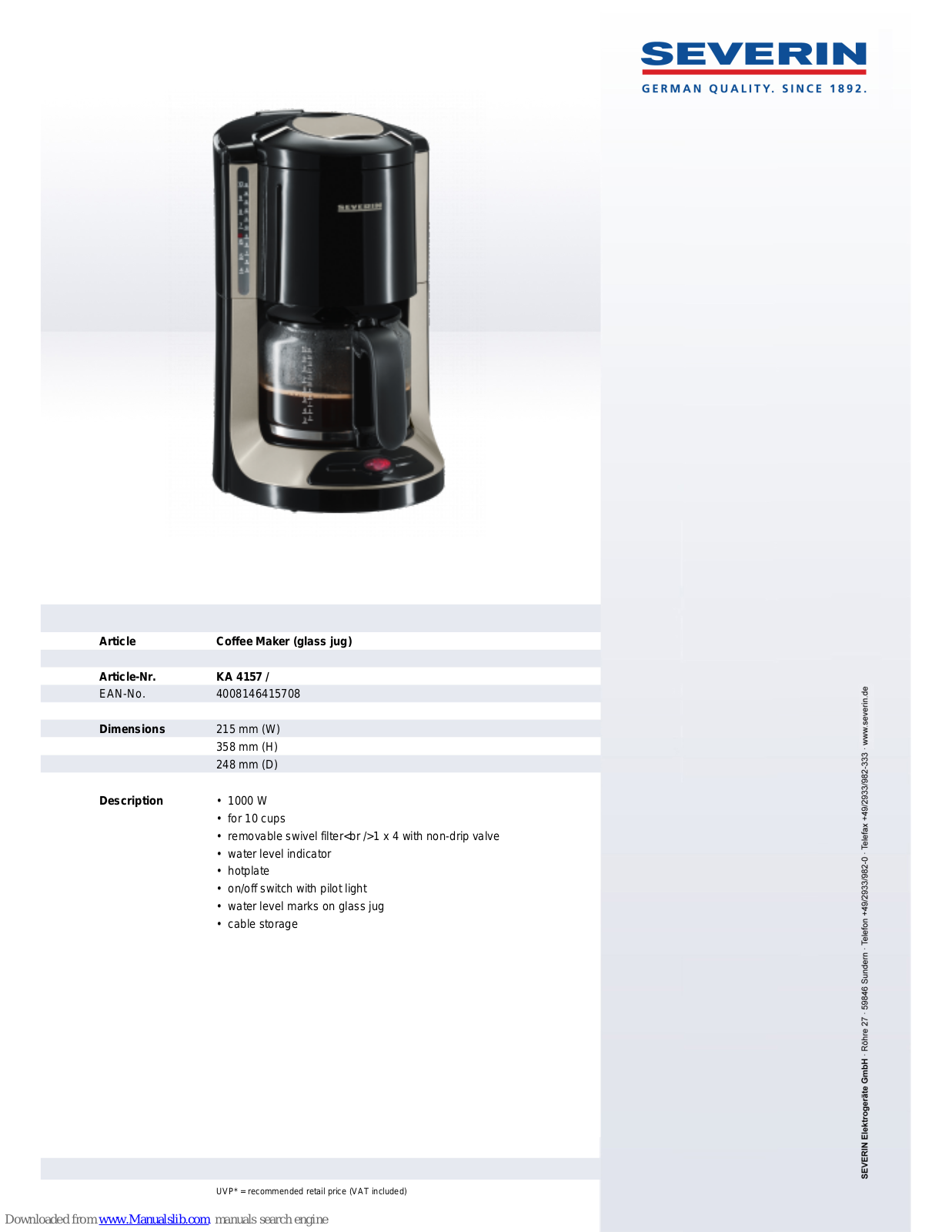 SEVERIN KAFFEEAUTOMAT KA 4157, KA 4157 Dimensions