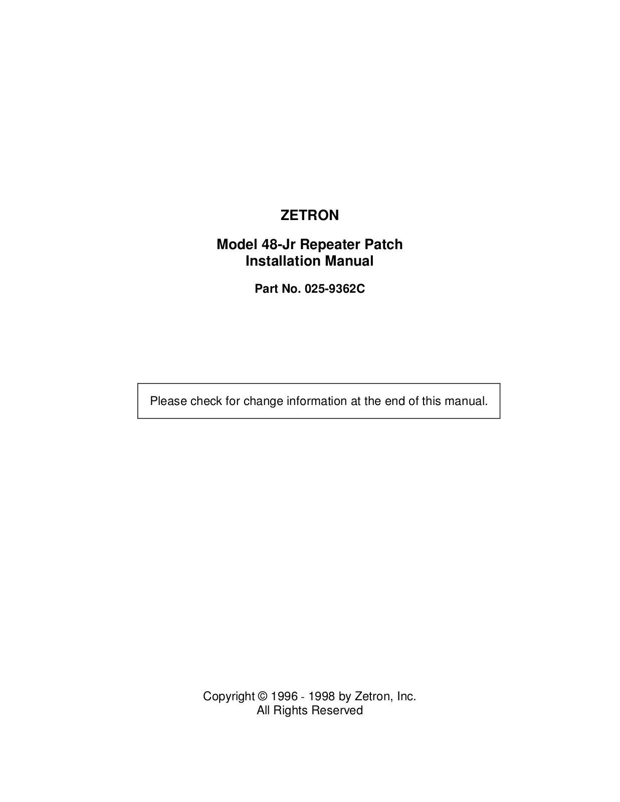 ZETRON 48JR Installation Manual