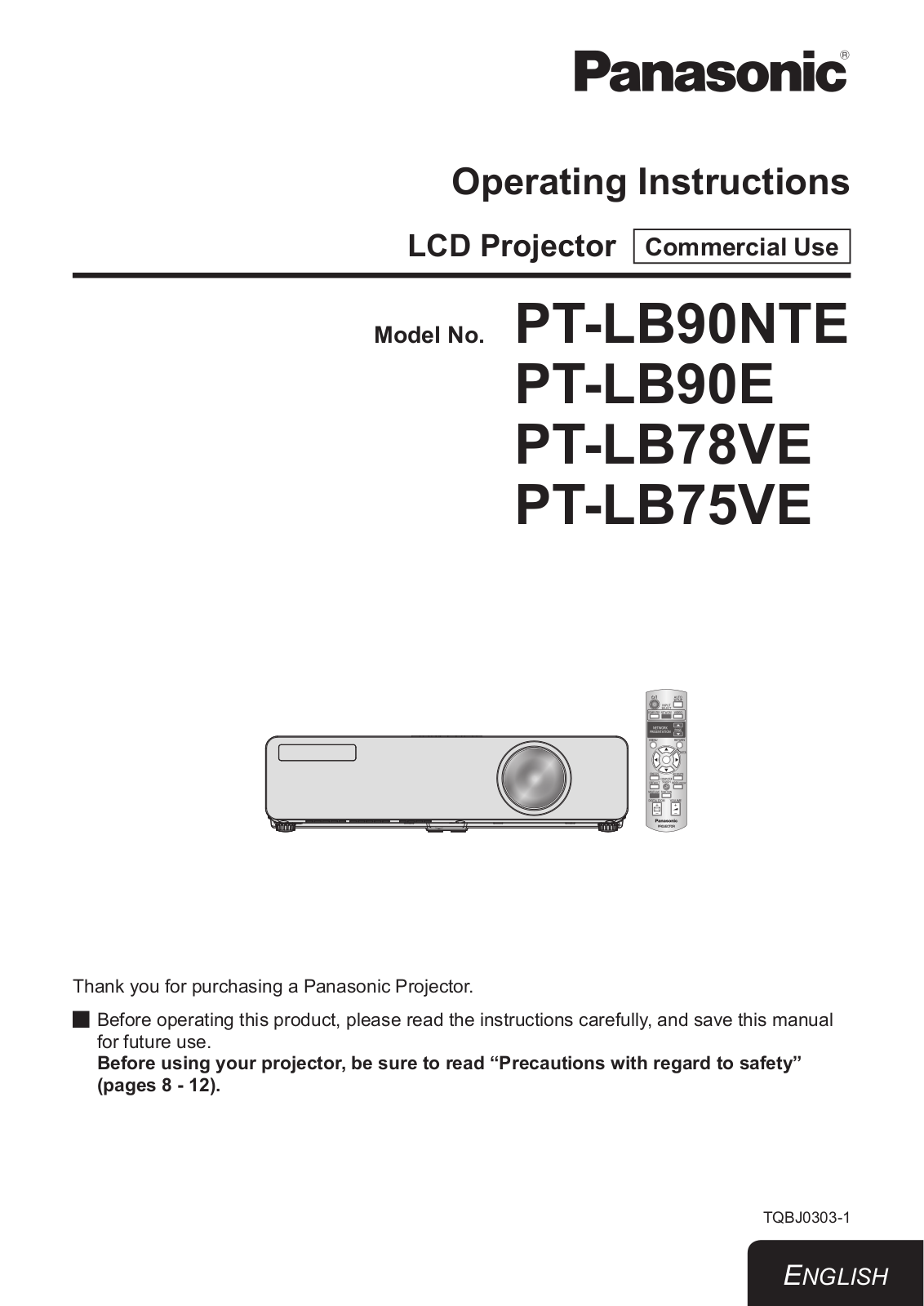 Panasonic PT-LB90NTE, PT-LB90E, PT-LB78VE, PT-LB75VE User Manual