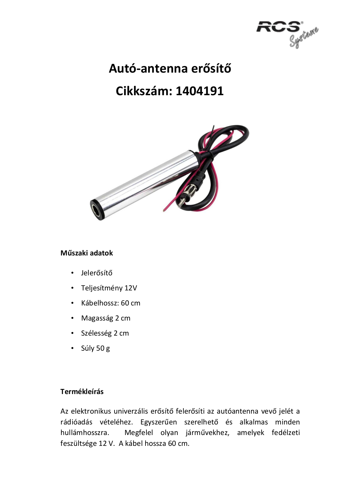 RCS Systeme 1404191 Technical data