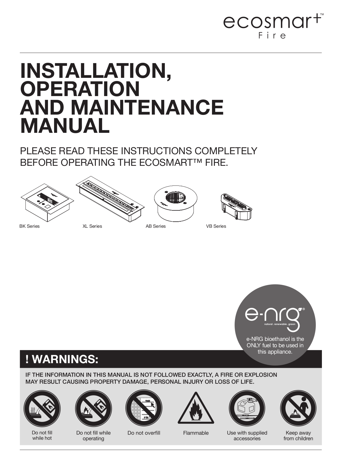 EcoSmart AB Series, XL Series, BK Series, BK3, VB Series Installation, Operation And Maintenance Manual