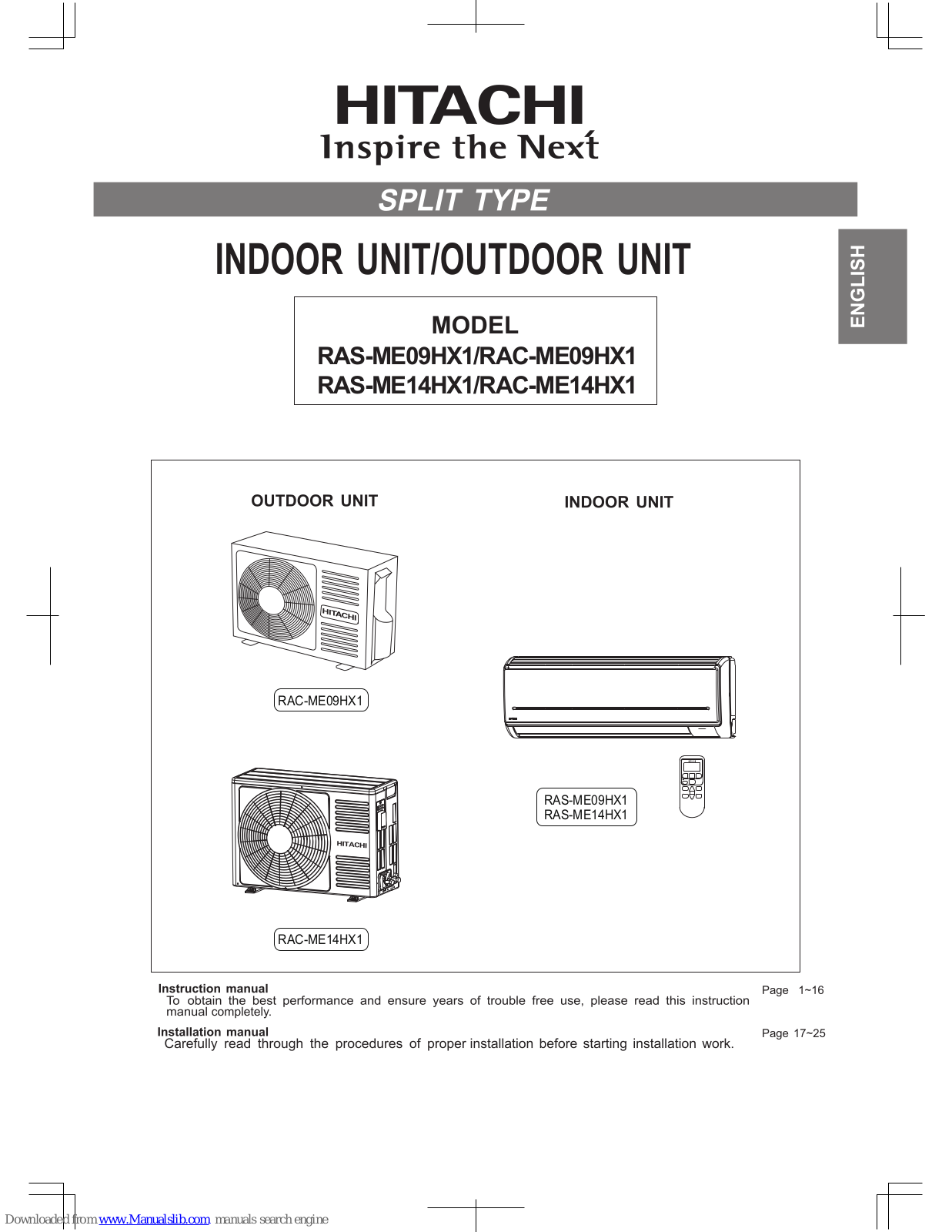 Hitachi RAS-ME09HX1, RAC-ME09HX1, RAS-ME14HX1, RAC-ME14HX1 Instruction Manual