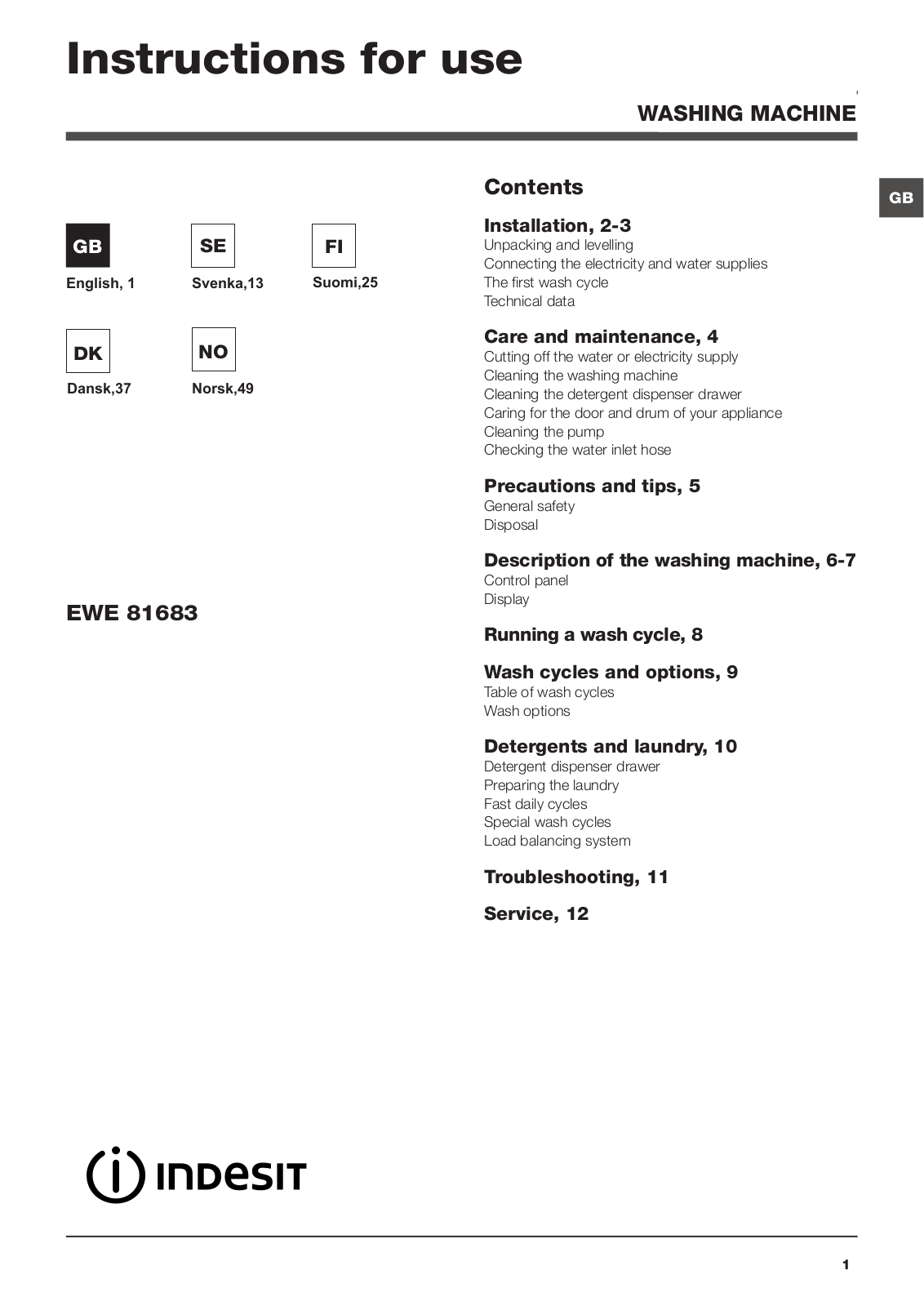 INDESIT EWE 81683 W EU User Manual