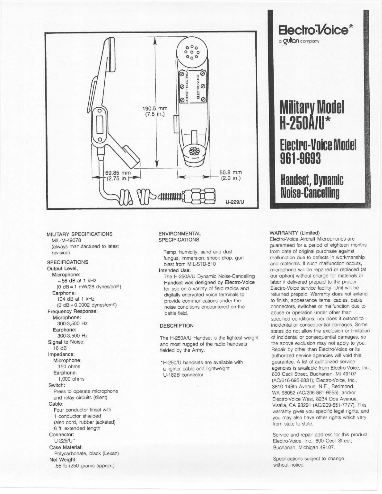 Electro-voice H-250A-U DATASHEET