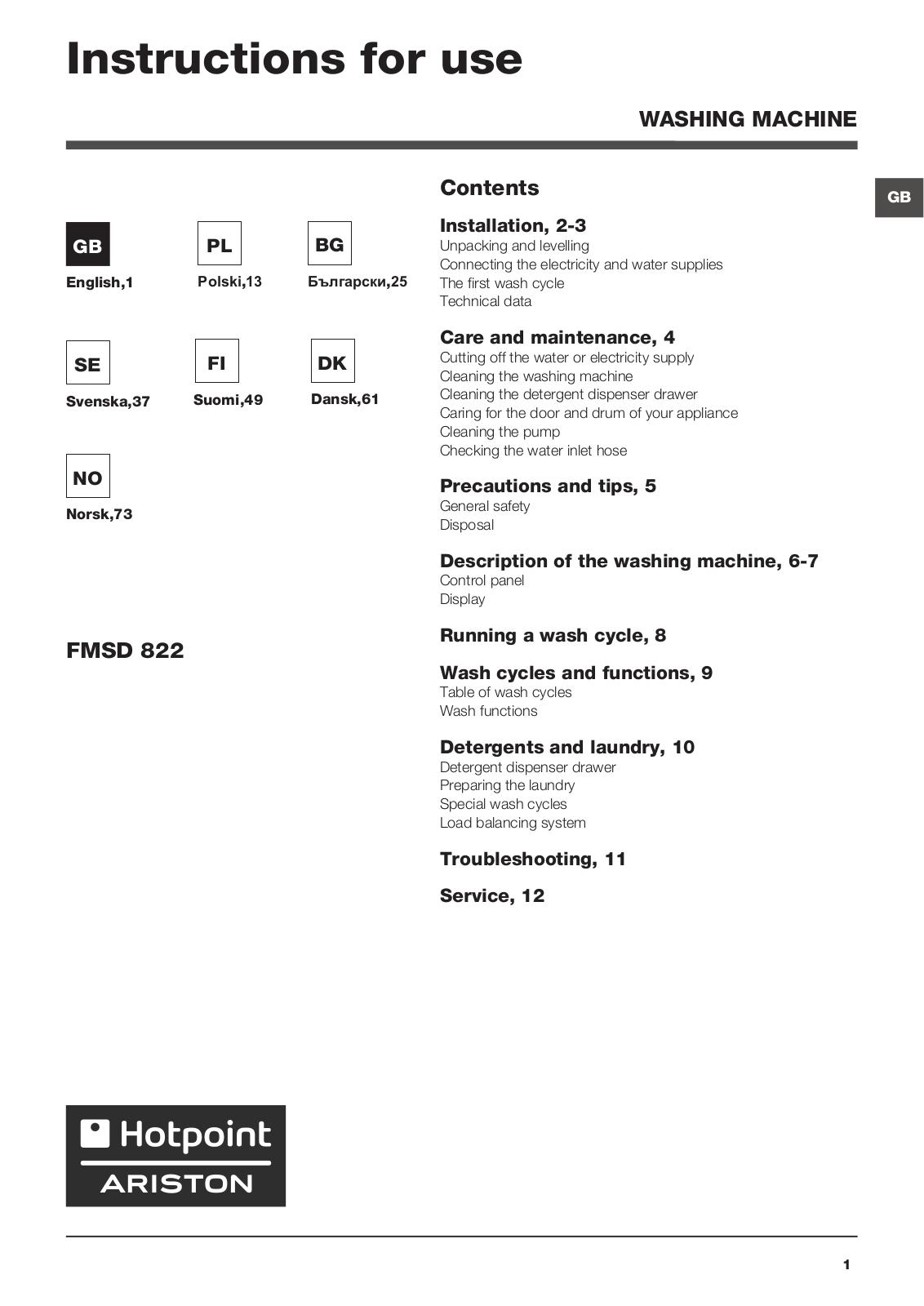 Hotpoint FMSD 822MB EU Operating Instructions