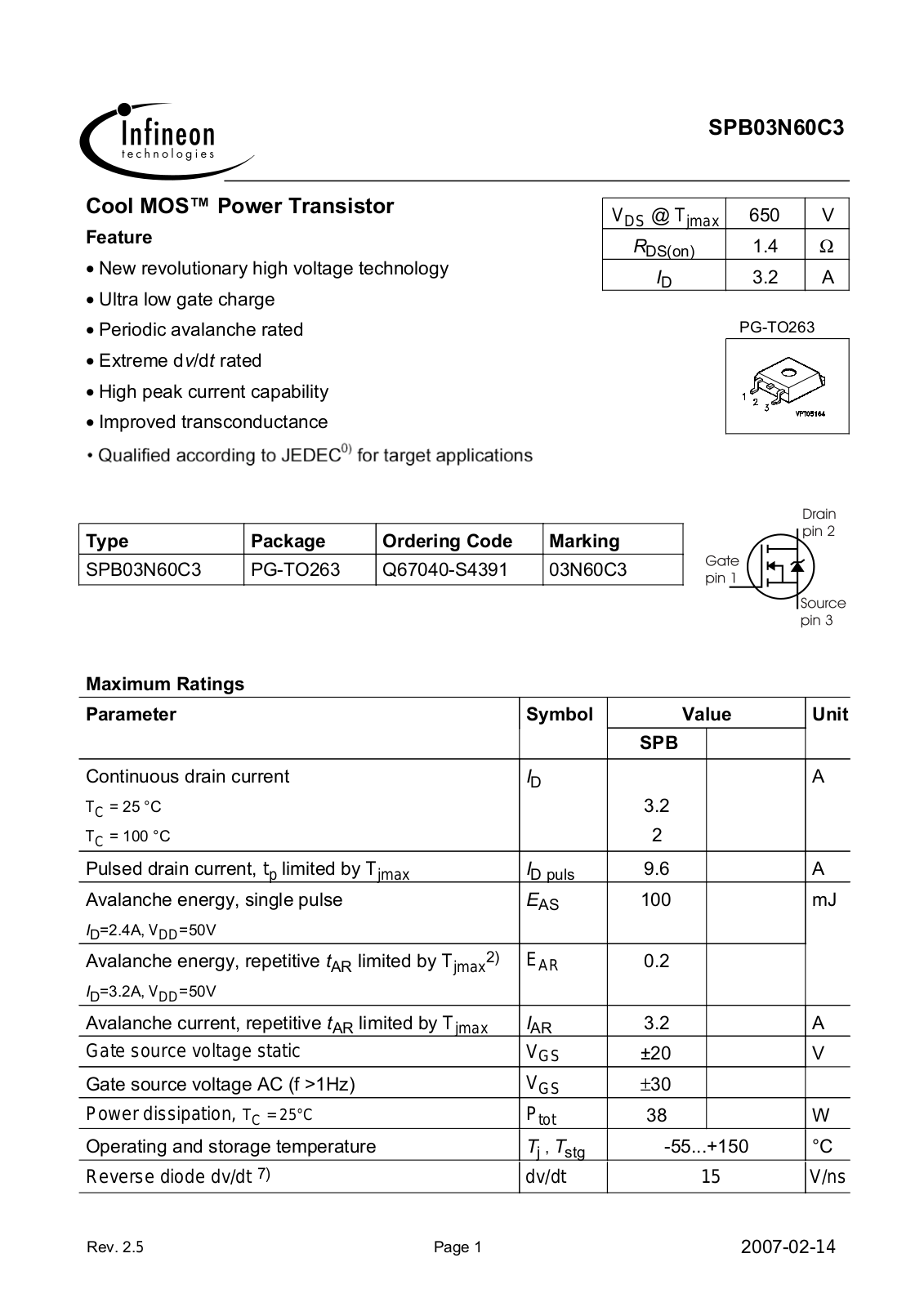 INFINEON SPB03N60C3 User Manual