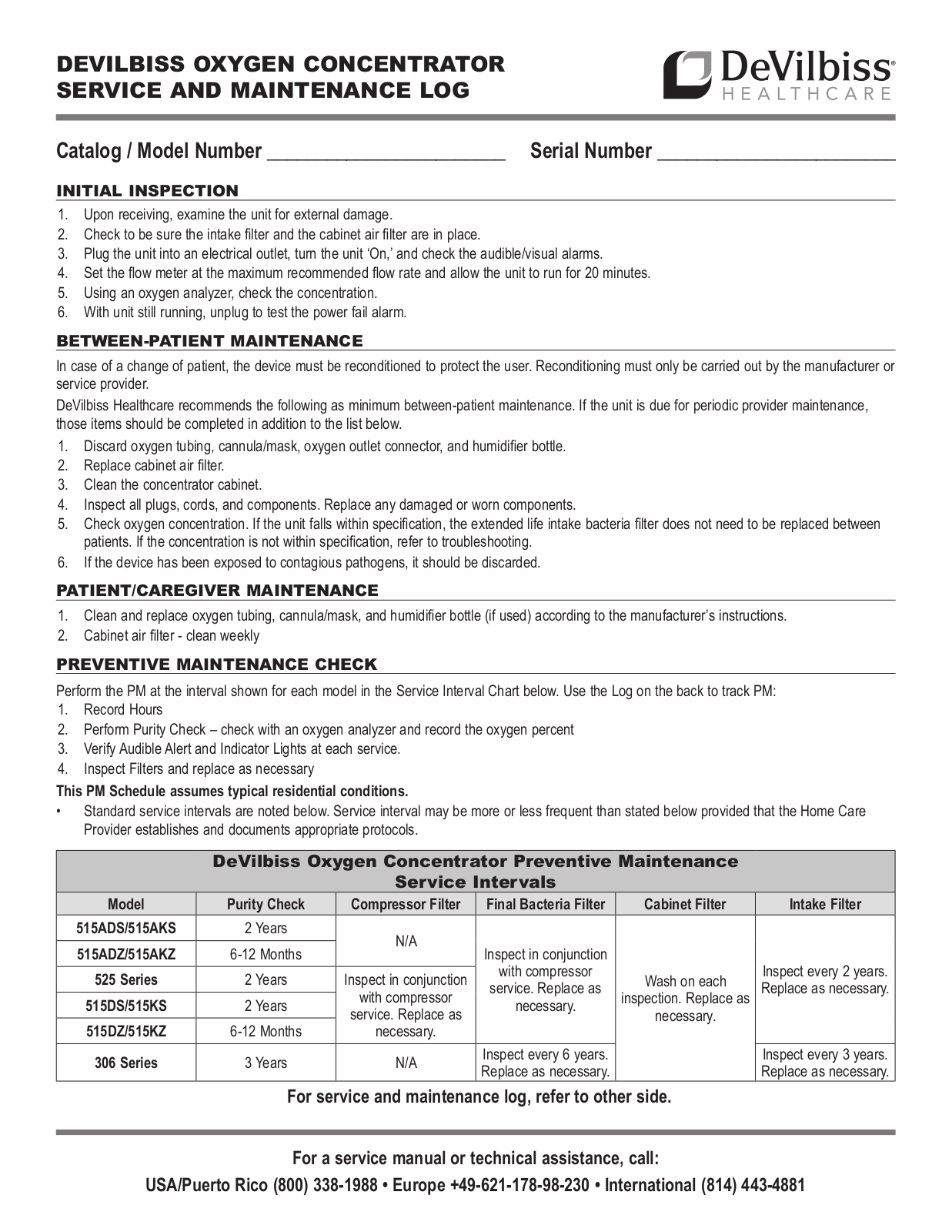 DeVilbiss Oxygen Concentrator Maintenance log