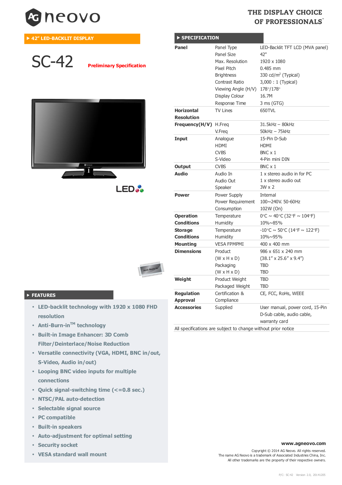 Ag Neovo SC-42 Datasheet