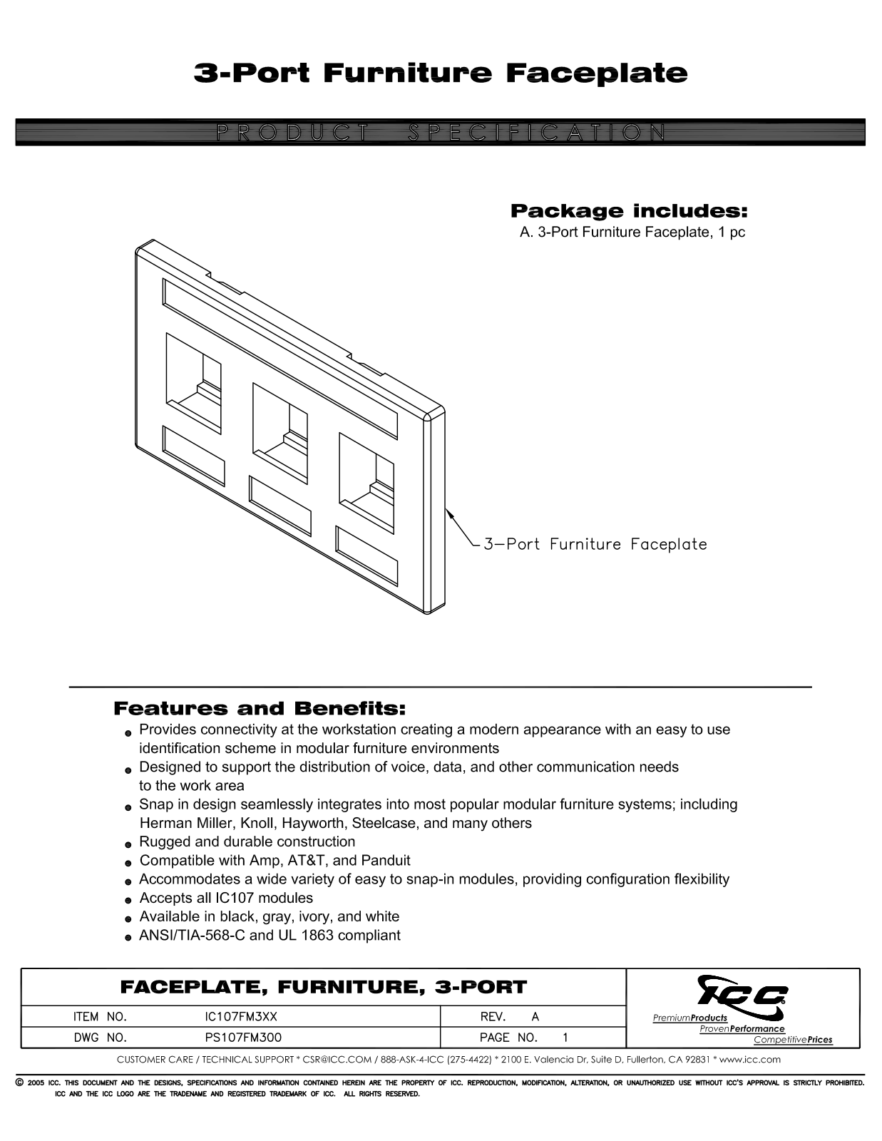 ICC IC107FM3BK, IC107FM3GY, IC107FM3IV, IC107FM3WH Specsheet