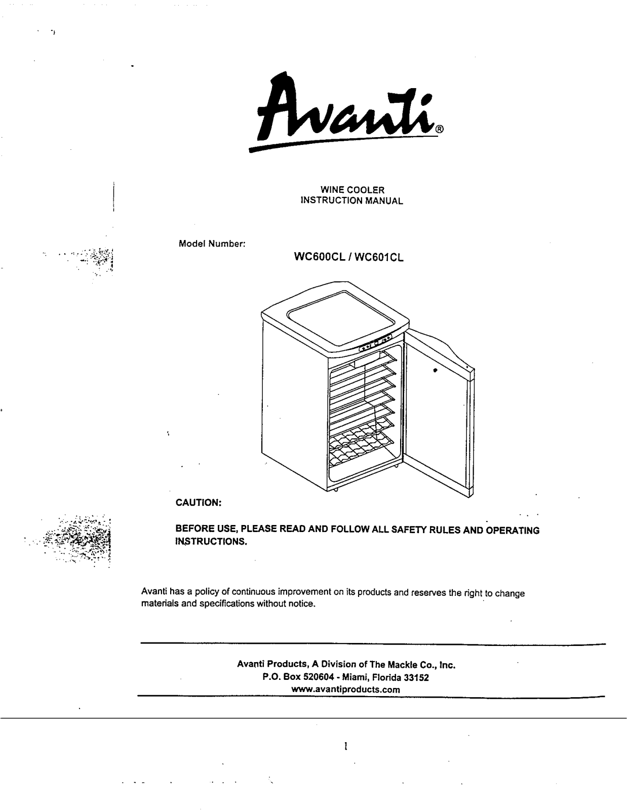 Avanti WC601CL User Manual