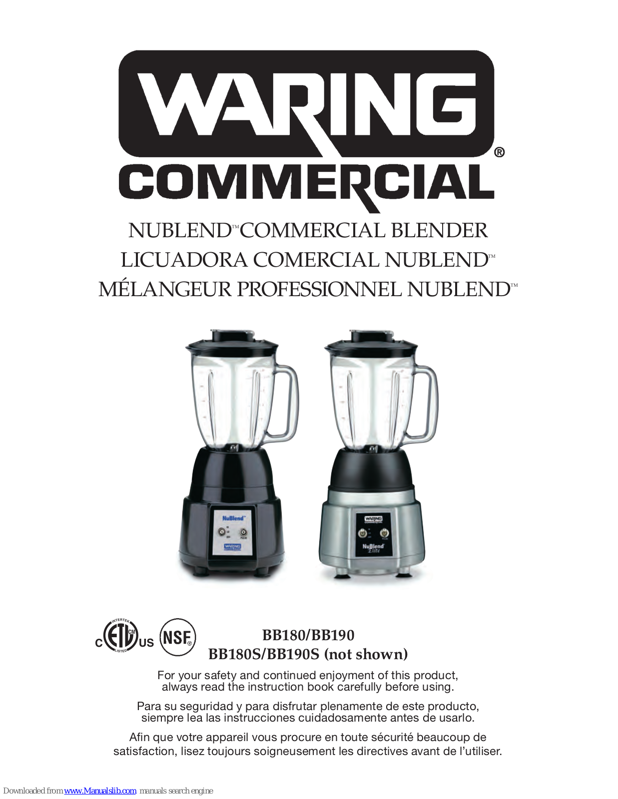 Waring NuBlend BB180, NuBlend BB190S, NuBlend BB190, NuBlend BB180S Instruction Manual