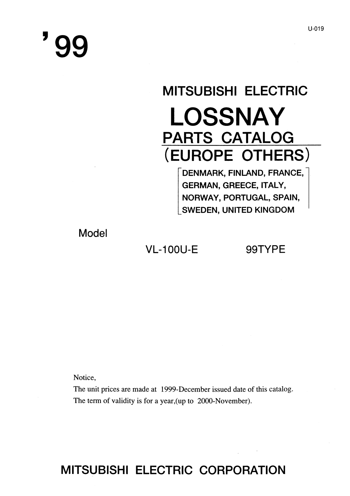 Mitsubishi VL-100U-E PARTS CATALOG