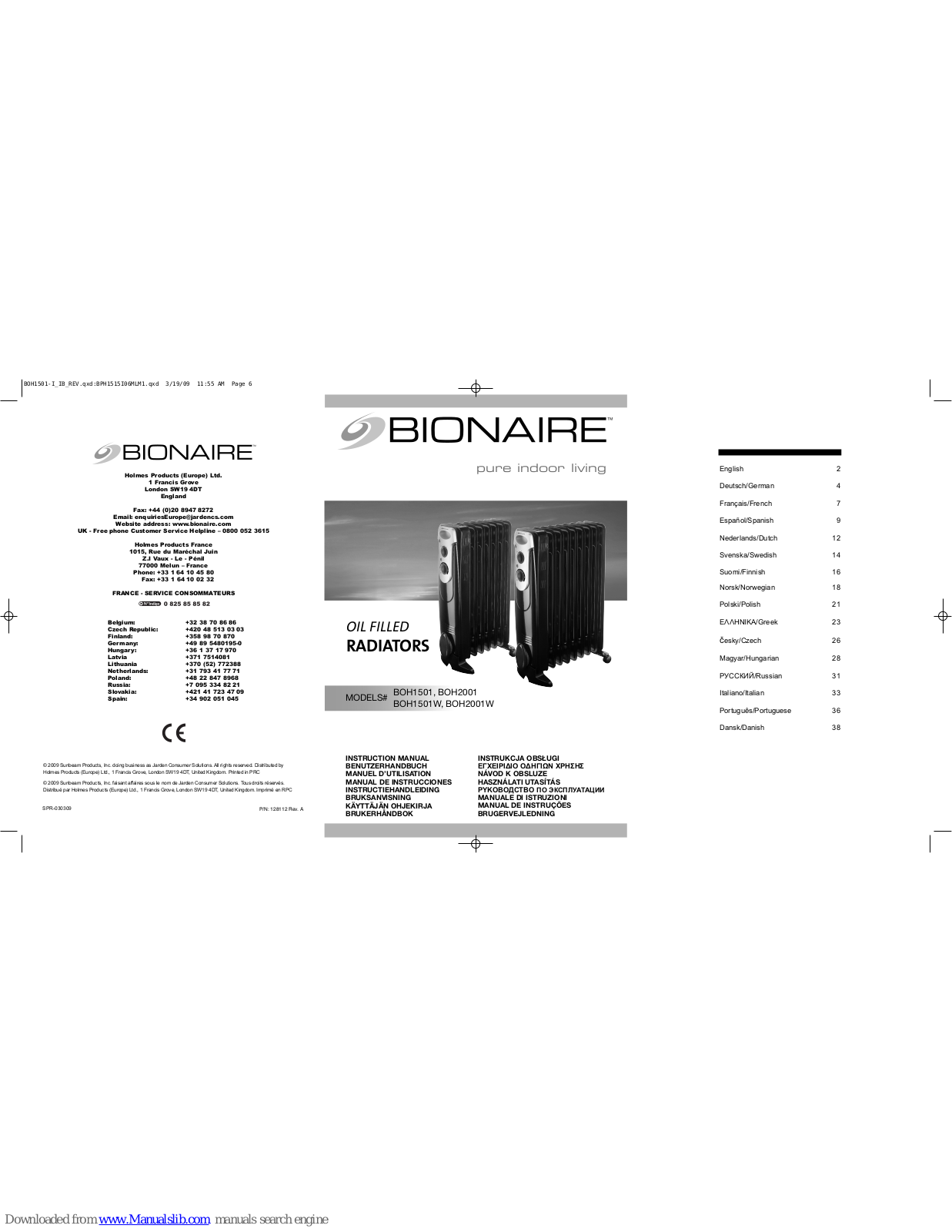 Bionaire BOH1501, BOH2001, BOH2001W Instruction Manual