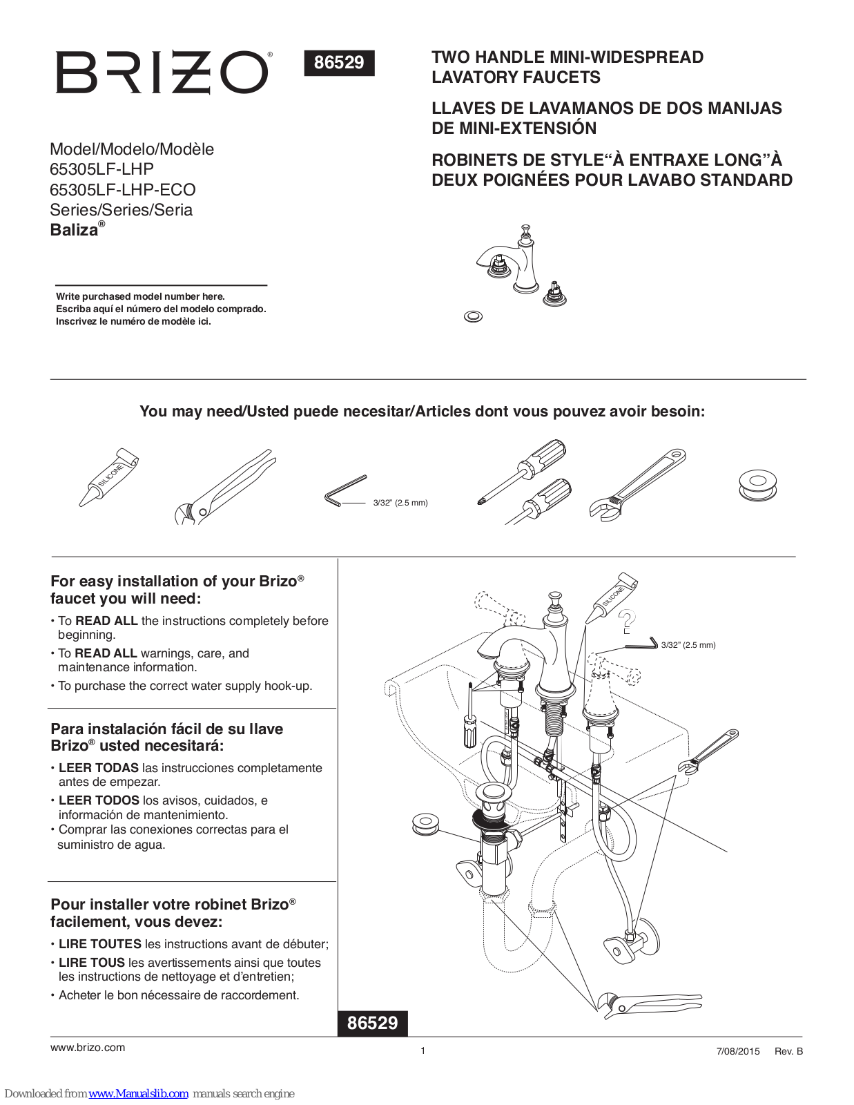 Brizo Baliza, Baliza 65305LF-LHP, Baliza 65305LF-LHP-ECO, Baliza 65505LF-LHP, Baliza 65505LF-LHP-ECO Series Manual