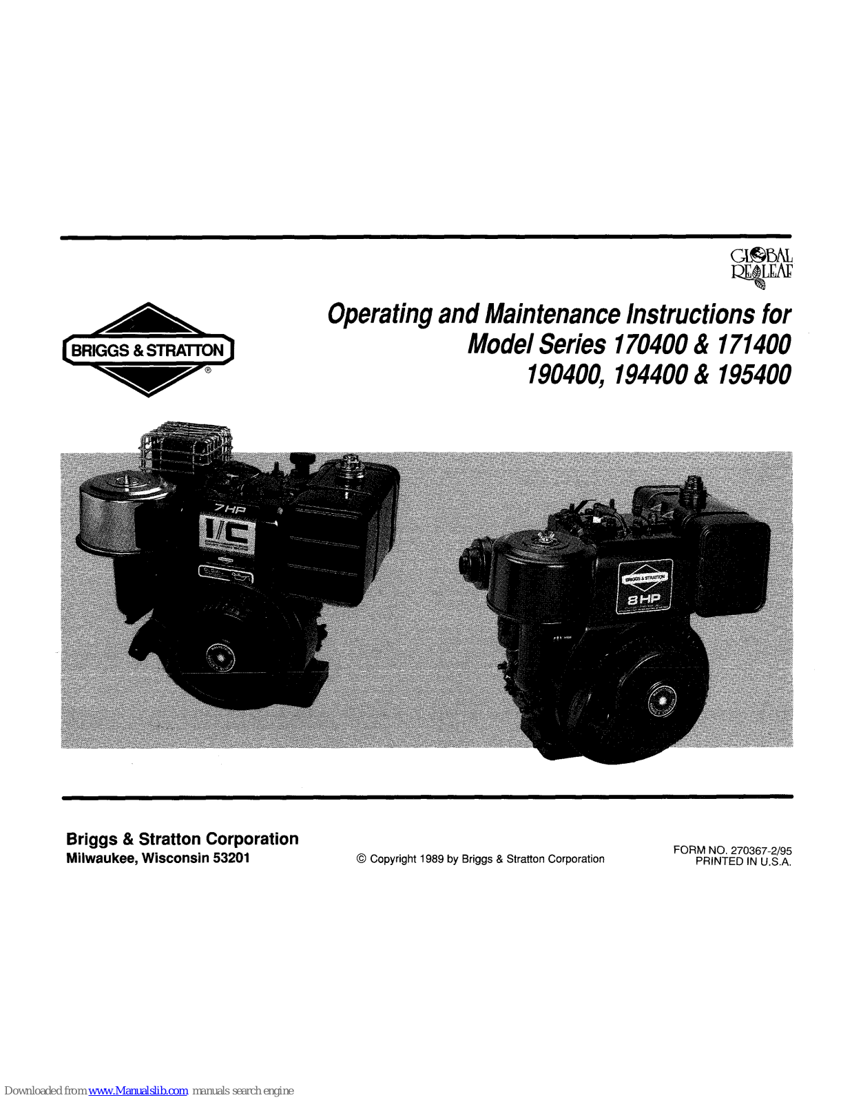 Briggs & Stratton 170400 Series, 171400 Series, 190400 Series, 194400 Series, 195400 Series Operating And Maintenance Instructions Manual