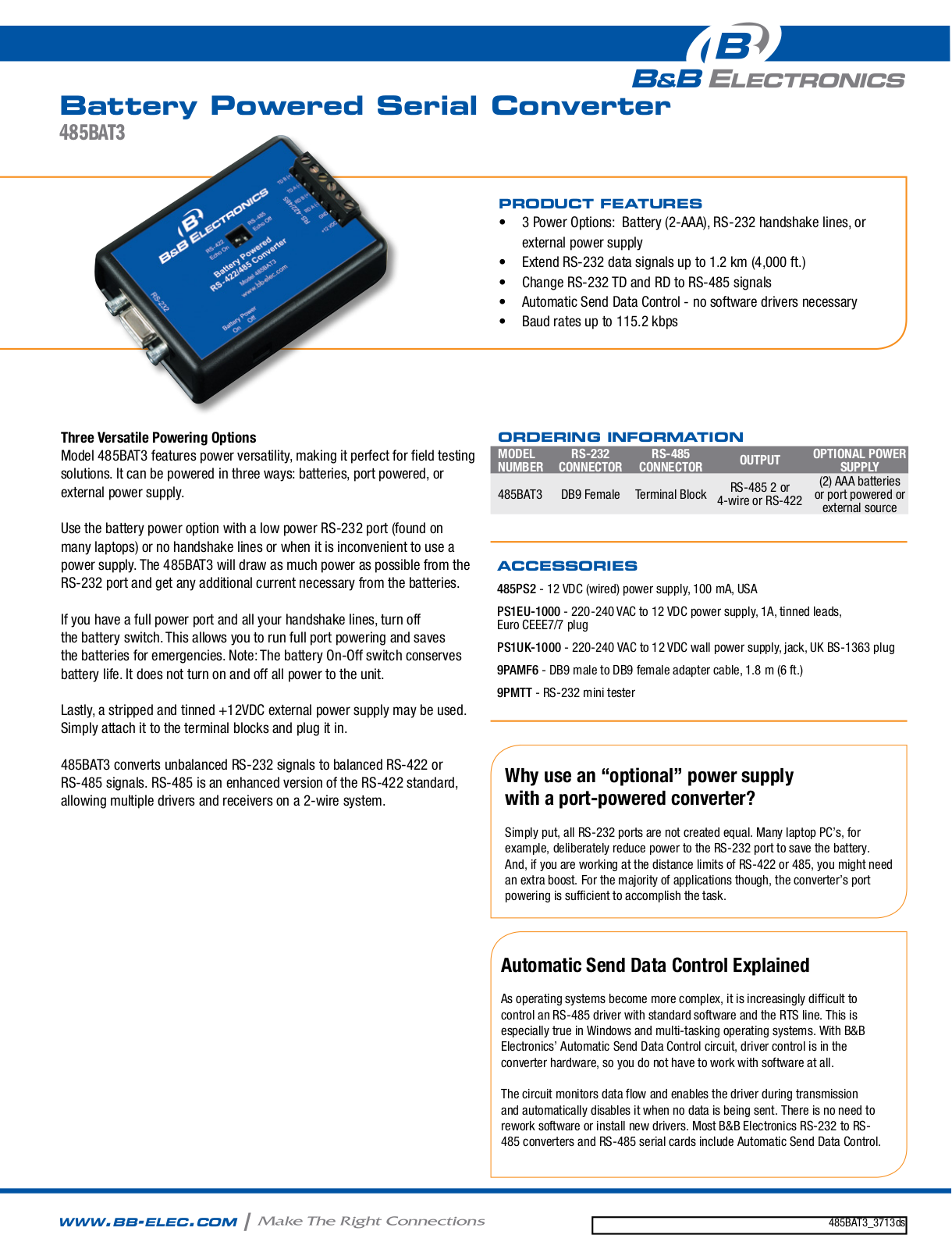 B&B Electronics 485BAT3 Datasheet