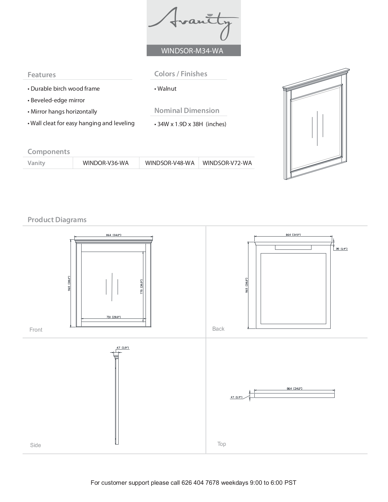 Avanity WINDSORM34WA Specifications