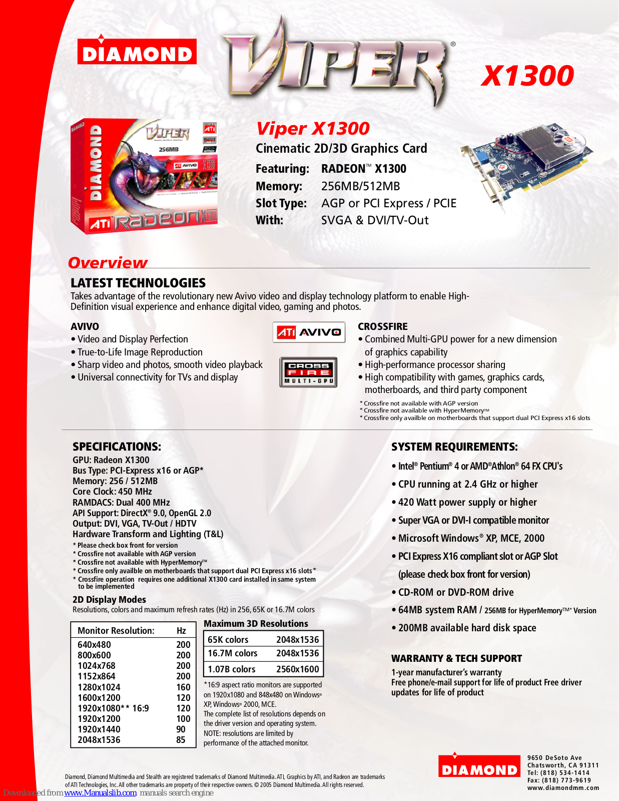 Diamond Multimedia Radeon X1300, Viper X1300 Specification Sheet