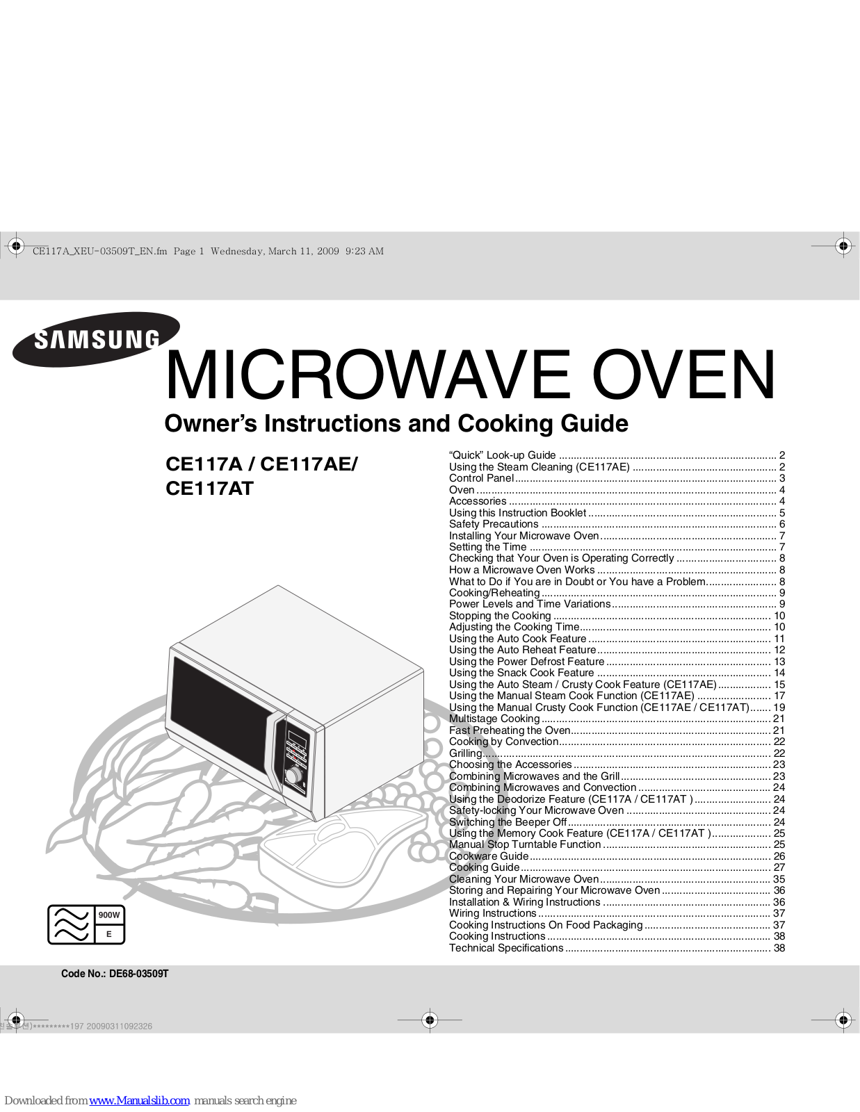 Samsung CE117A-B 32 Litres Combination, CE117AT, CE117AE Owner's Instructions And Cooking Manual