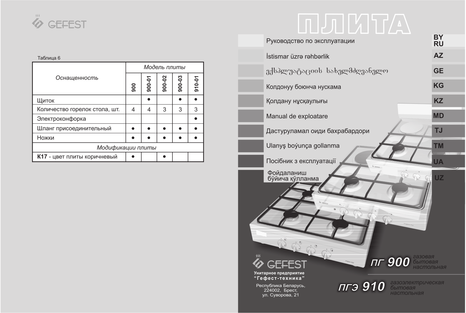 Gefest PG 900, PG 900 K17, PGE 910-01 User manual