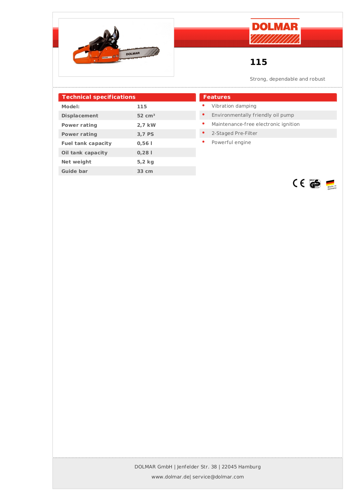 Dolmar 115 SPECIFICATIONS