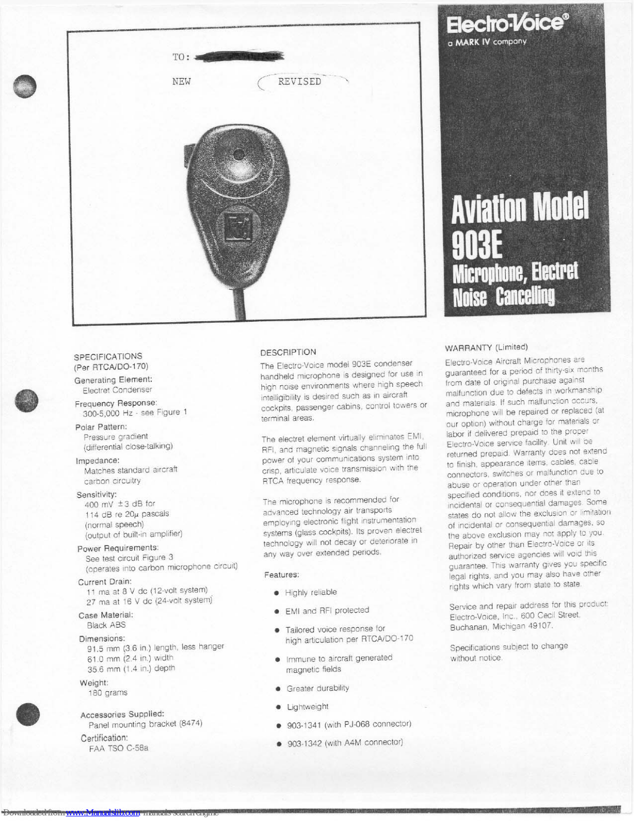 Electro-Voice Aviation 903E Specification Sheet