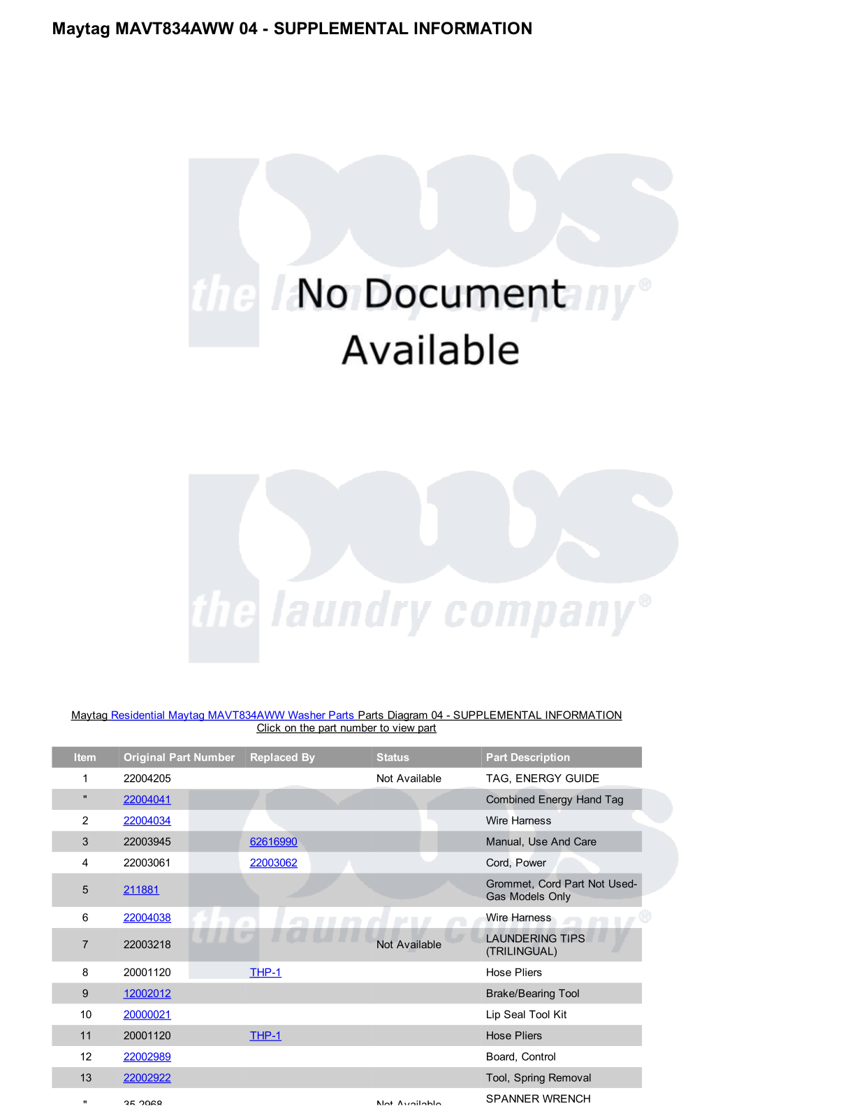 Maytag MAVT834AWW Parts Diagram