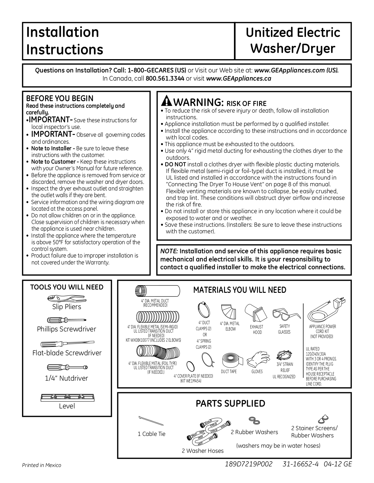 GE GTUP270EMWW Installation Instruction