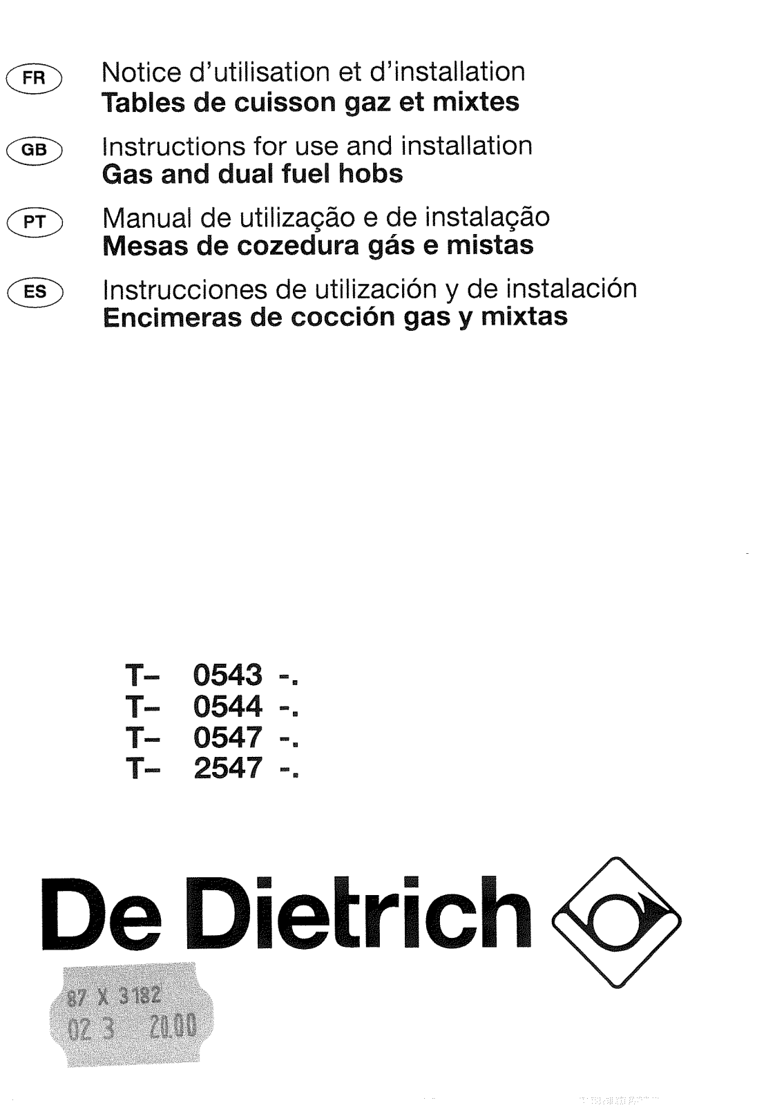 De dietrich TM2547E2, TD0543E1, TW0547E1, TD0547E1, TM0543E2 User Manual
