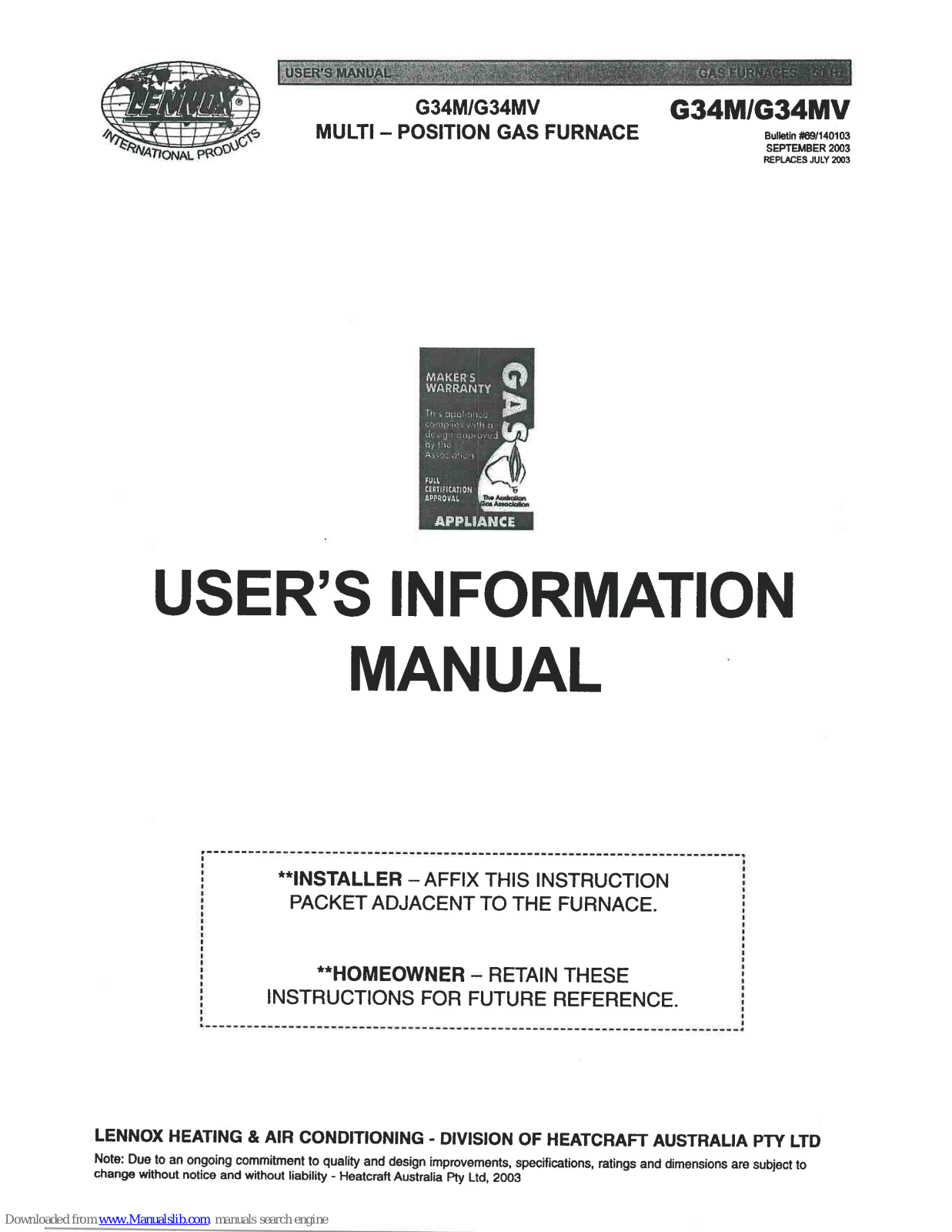 Lennox G34M, G34MV User's Information Manual