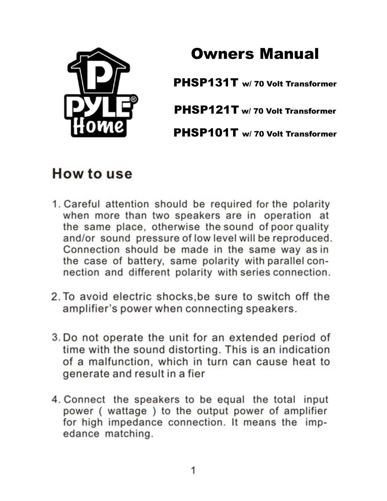 PYLE Audio PHSP101T, PHSP121T, PHSP131T User Manual