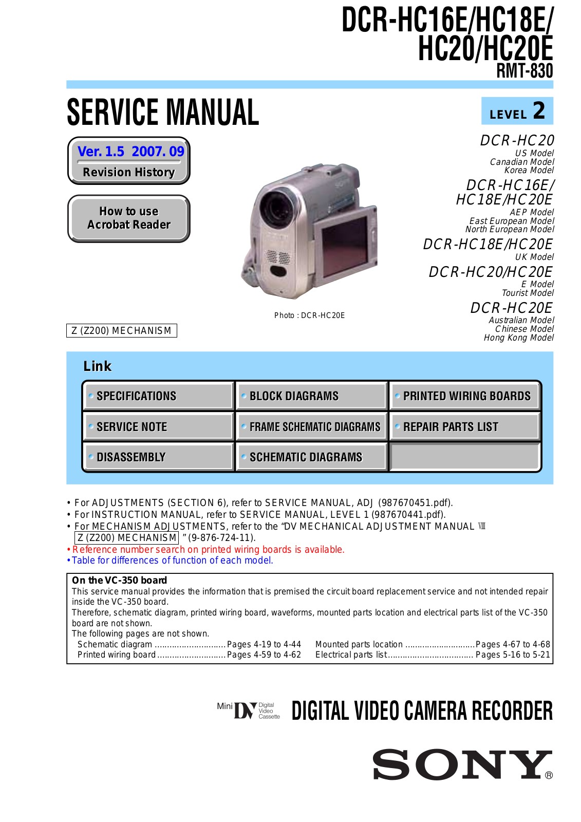 SONY DCR-DVD300, DCR-DVD406E, DCR-HC20, DCR-HC16E Service Manual