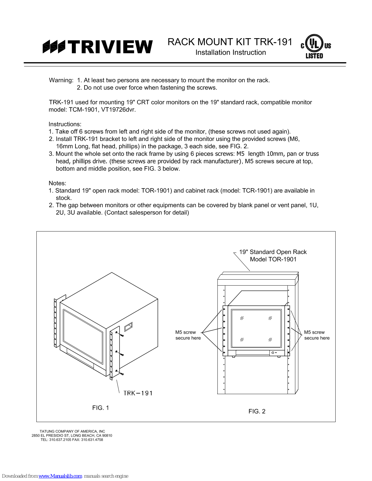 TRIVIEW Rack Mount Kit TRK-191, TRK-191 Installation Instruction - ManualMachine.com
