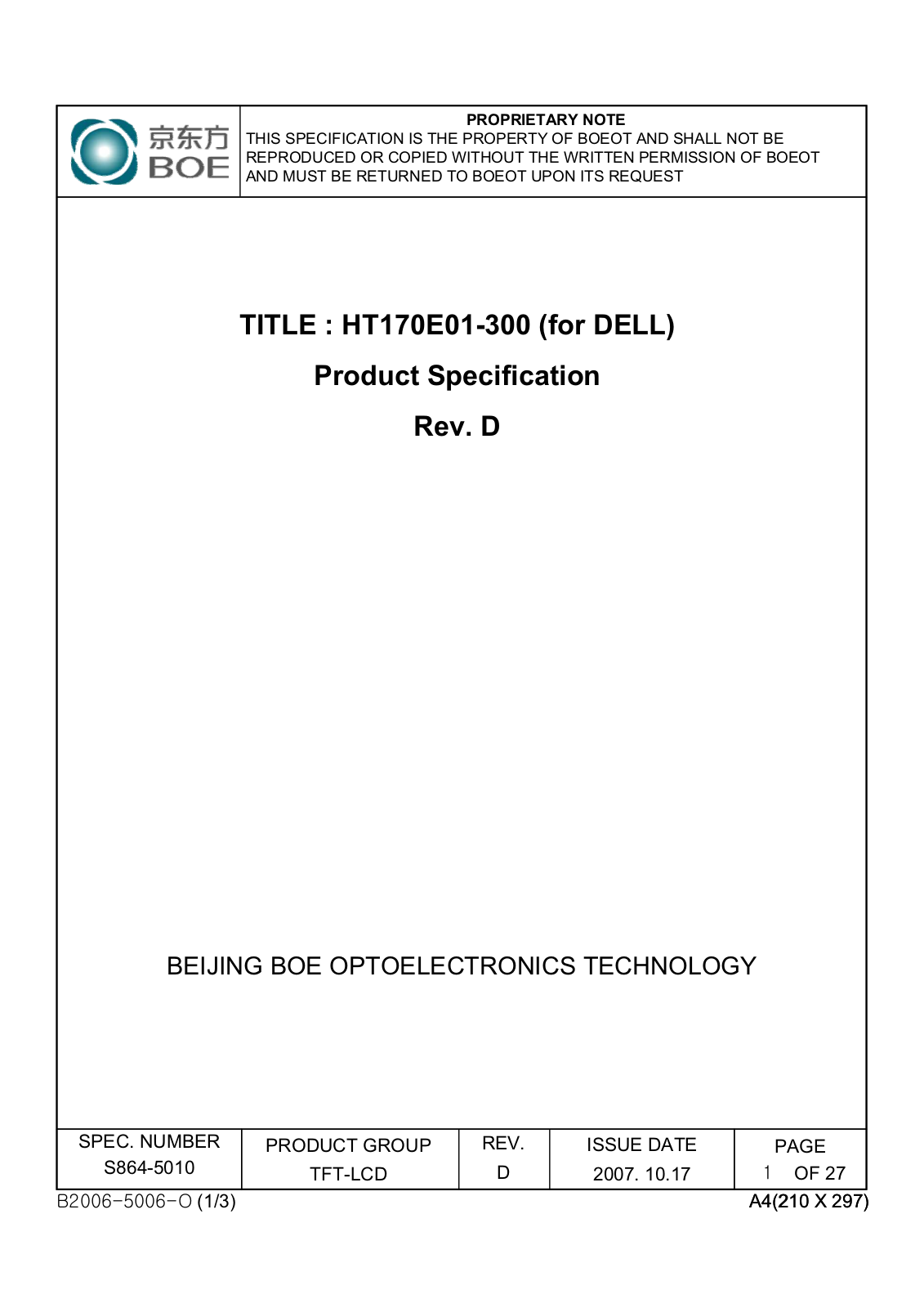 BOE HT170E01-300 Specification - ManualMachine.com