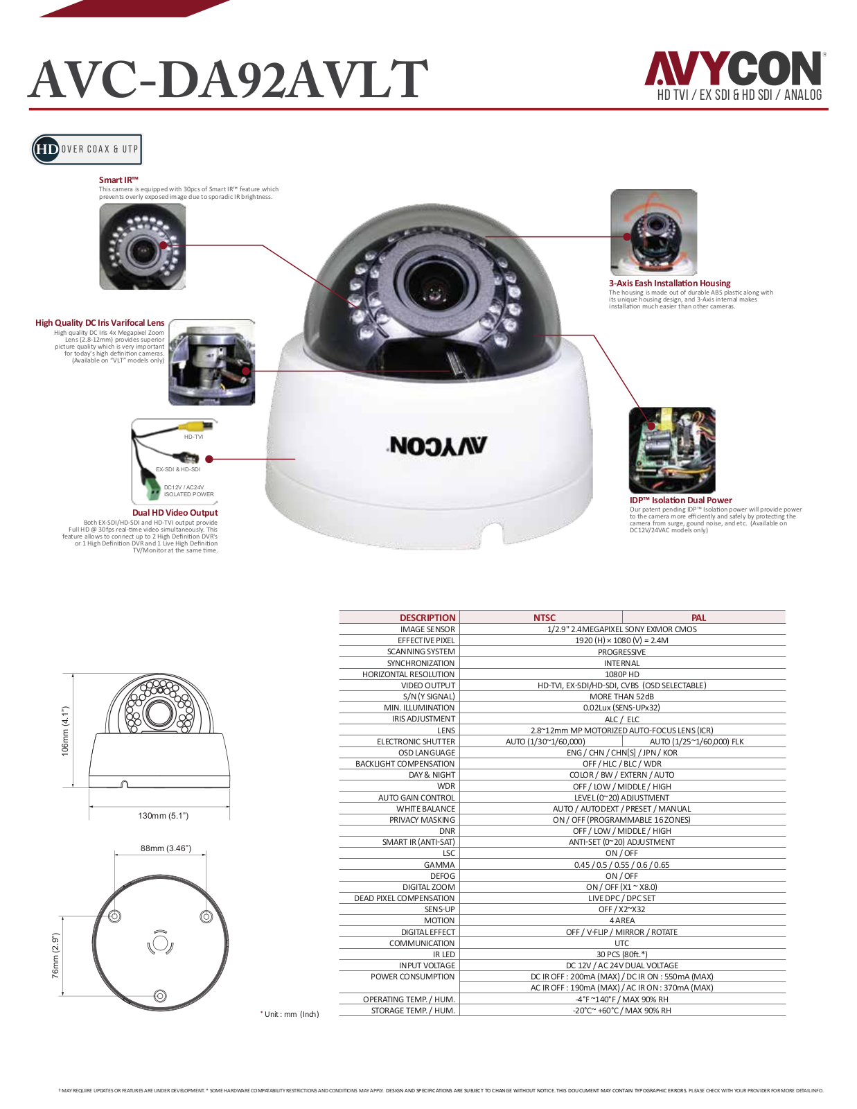 Avycon AVC-DA92AVLT-BK, AVC-DA92AVLT Specsheet
