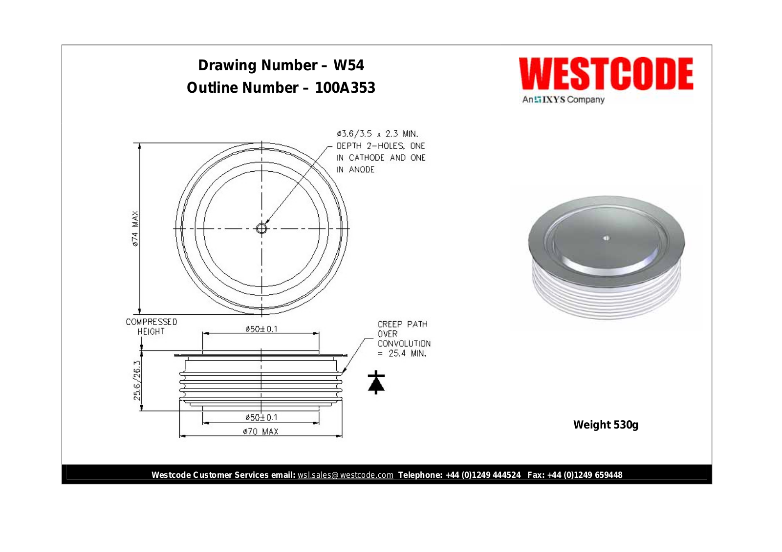 Westcode Semiconductors W544 100A353 Dimensional Sheet