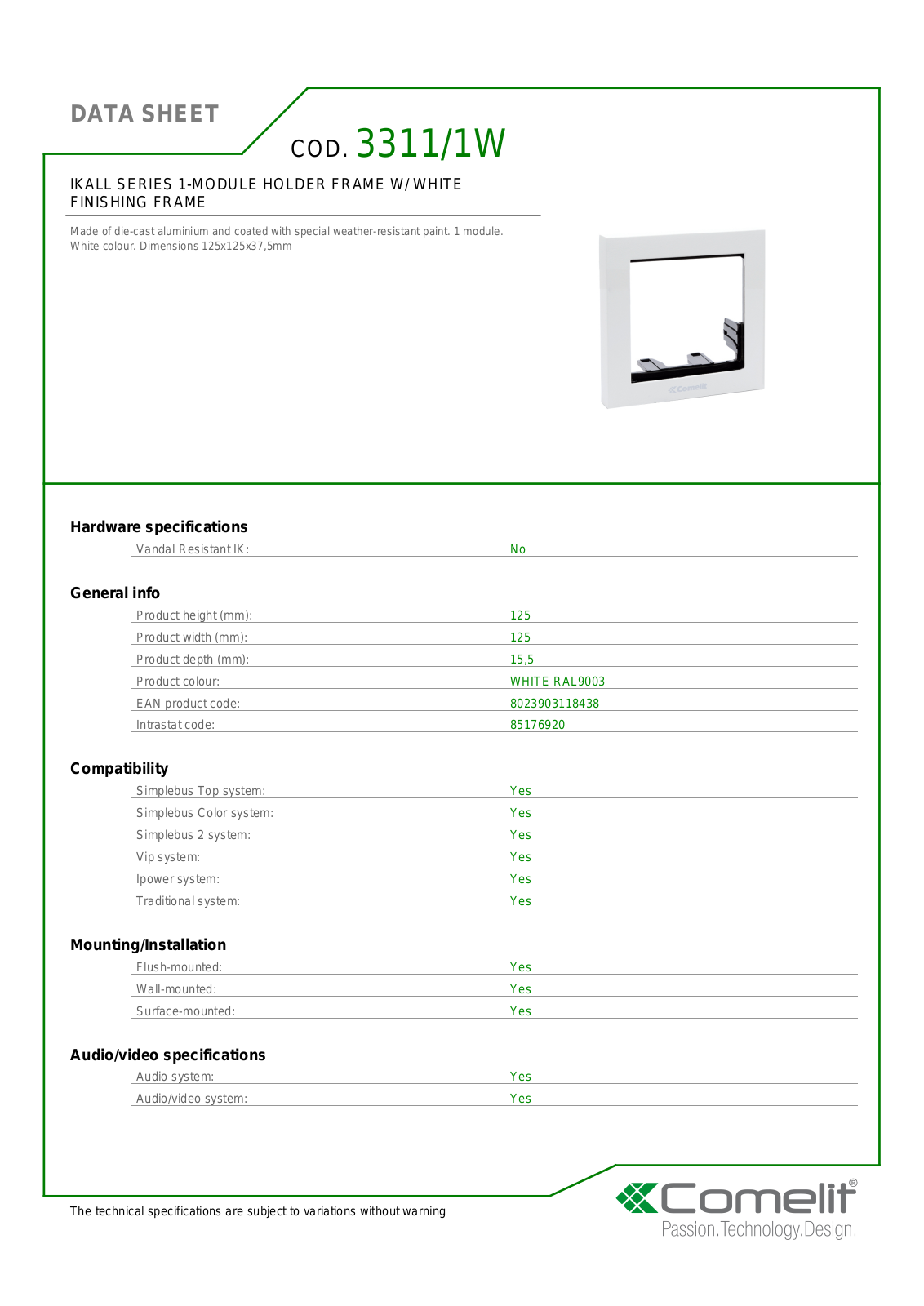 Comelit 3311-1W Specsheet - ManualMachine.com
