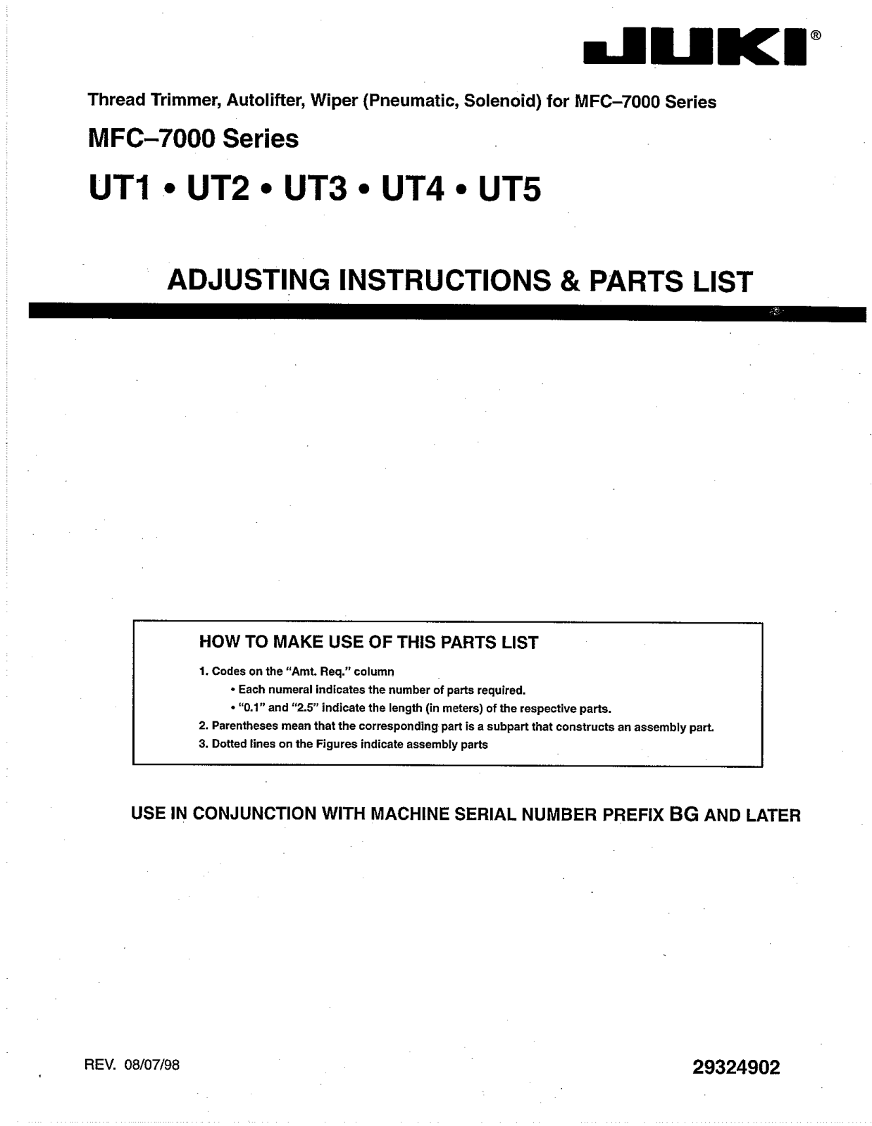 Union Special MFC7000 - UT1, MFC7000 - UT2, MFC7000 - UT3, MFC7000 - UT4, MFC7000 - UT5 Parts List