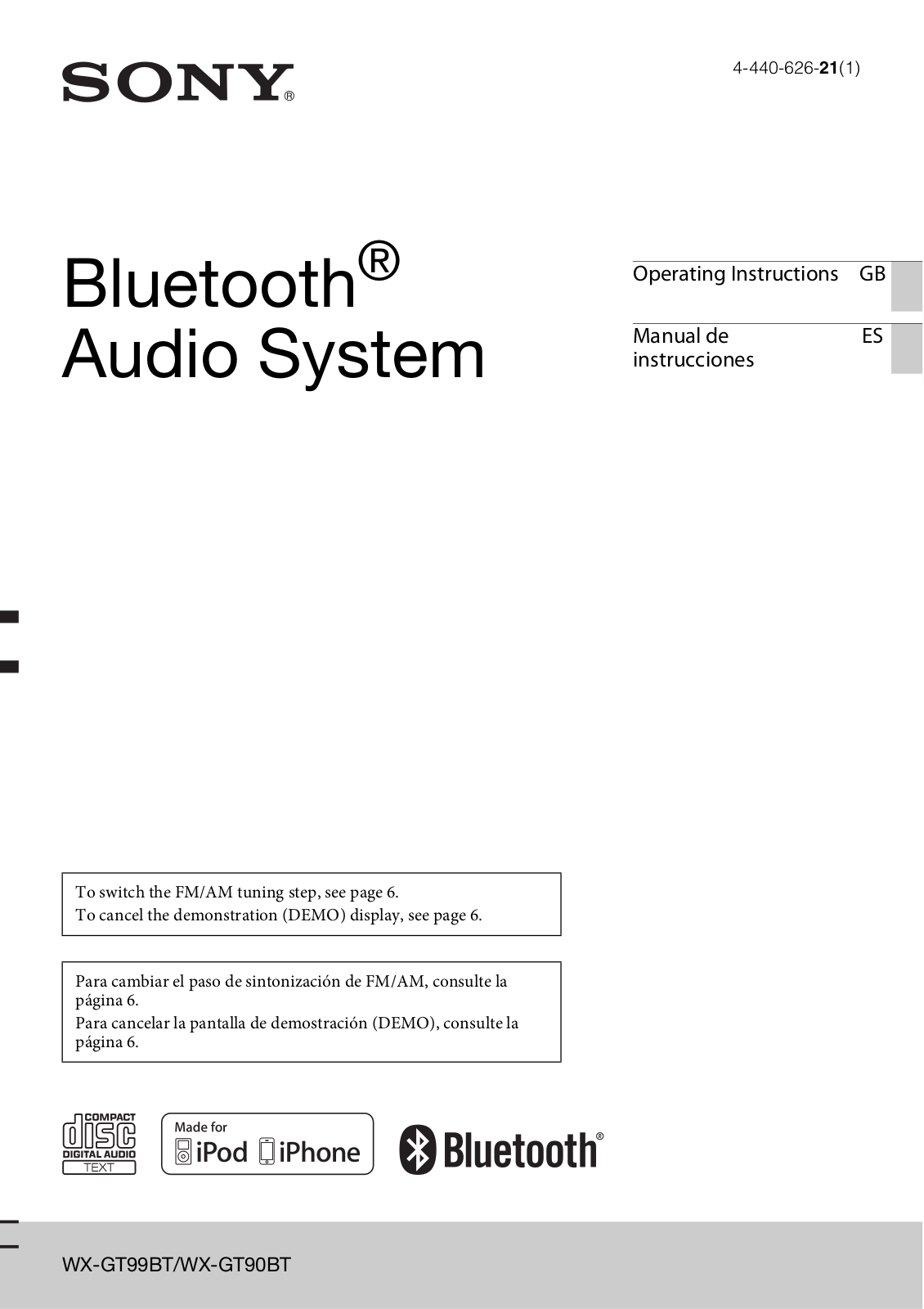 Sony WX-GT99BT, WX-GT90BT Operating Instructions