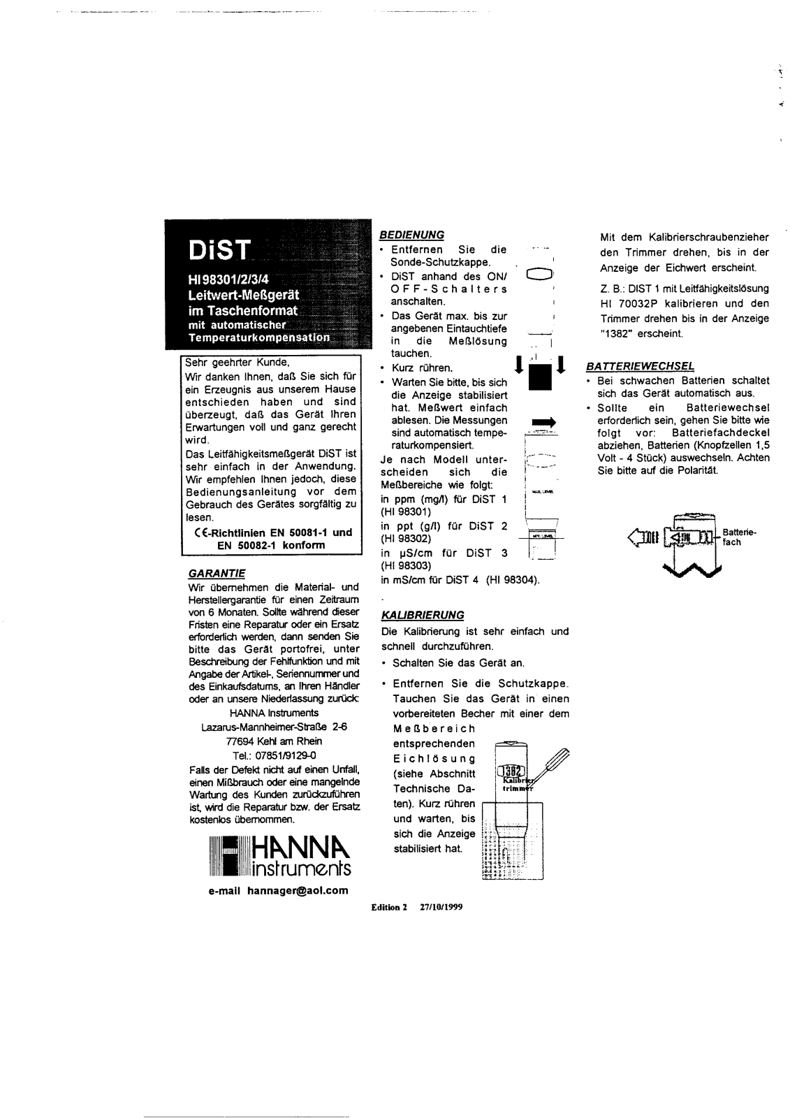 Hanna Instruments HI98300, HI98301, HI98302, HI98303, HI98304 User guide