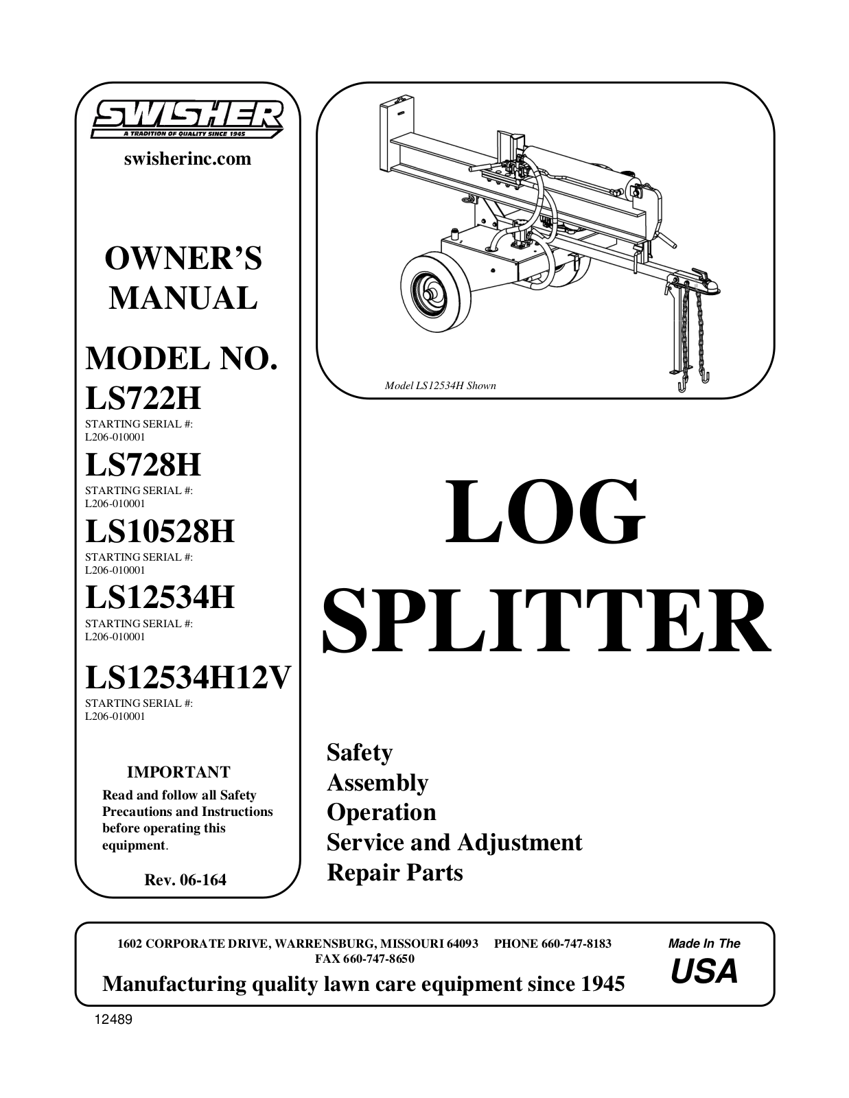 Swisher LS722H, LS10528H, LS728H, LS12534H, LS12534H12V User Manual