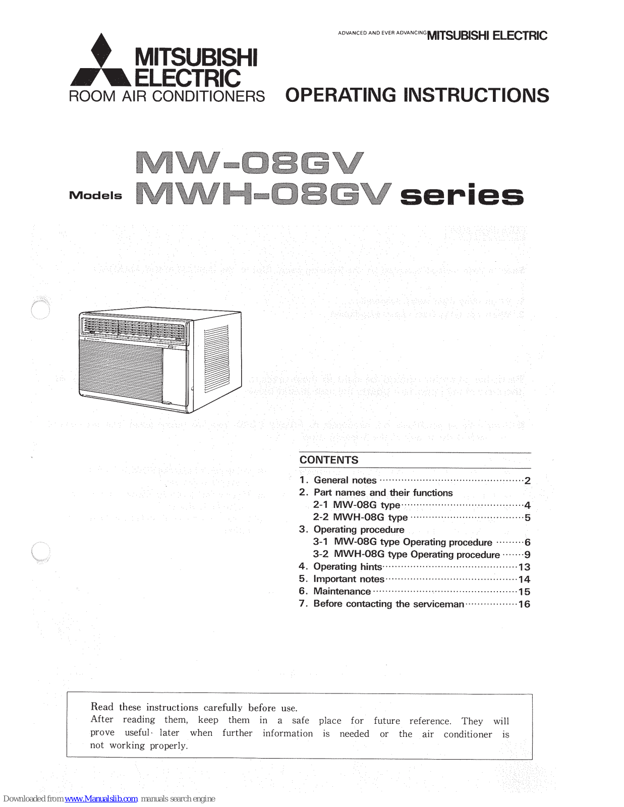 Mitsubishi MW-08GV, MWH-08GV Operating Instructions Manual