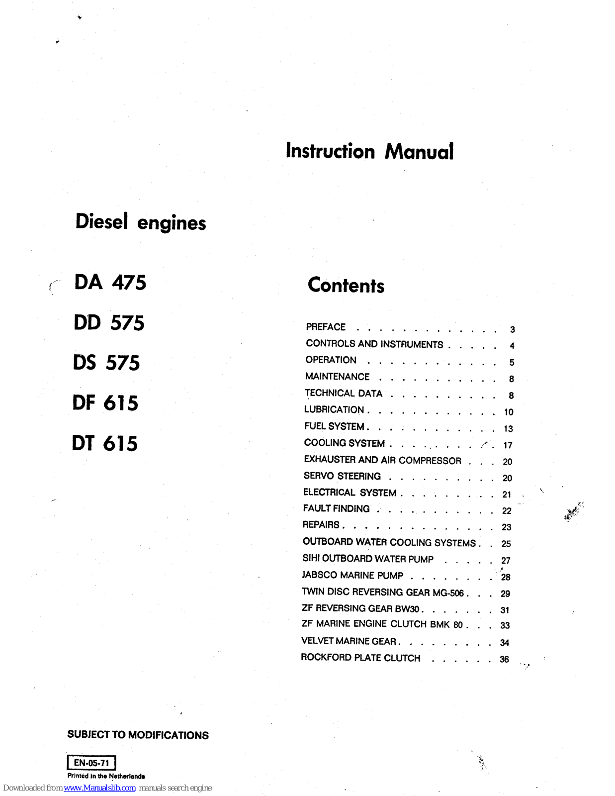 DAF DA 475, DD 575, DS 575, DT 615, DF 615 Instruction Manual